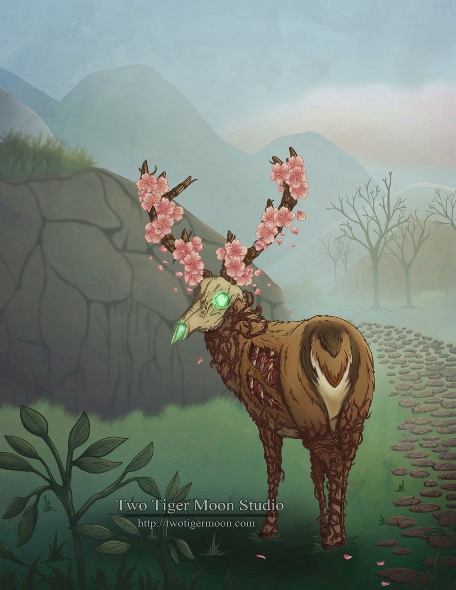 A spirit beast, the incarnation of spring, from death comes life in the form of a skull headed deer walks along a misty path to the mountains. Sakura blossoms adorn its antlers.