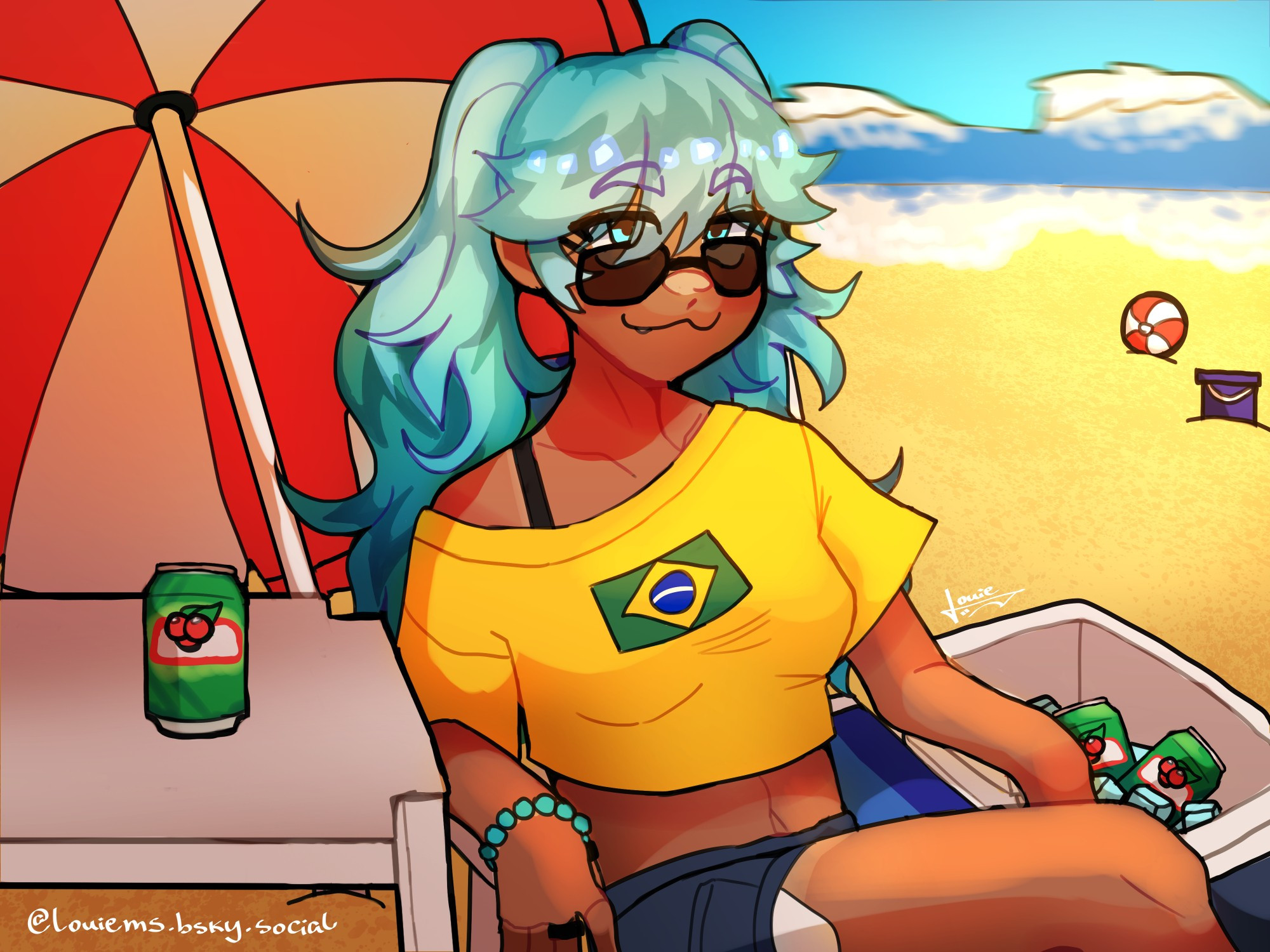 brazilian hatsune miku on the beach. She's sitting on a chair besides a plastic table with guaraná and in front of a beach umbrella. There are a couple of waves in the background.