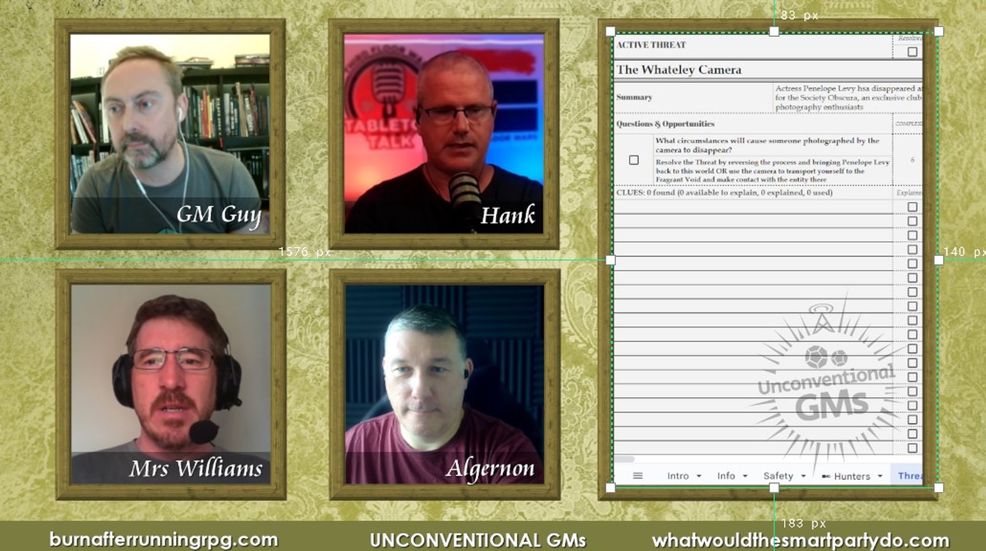 A still of an OBS of a game of The Between, with one GM and three players next to an (empty) clue list