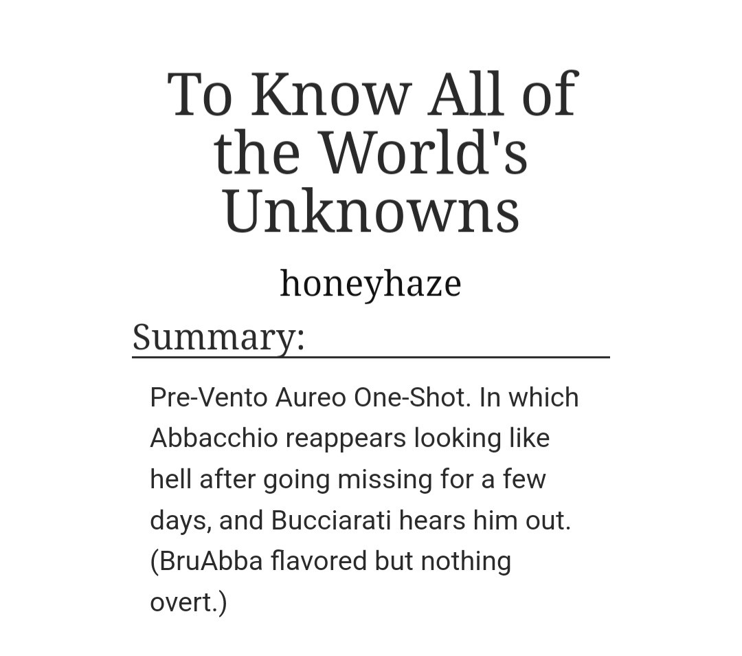 screenshot of an AO3 fic titled "To Know All of the World's Unknowns" by user honeyhaze