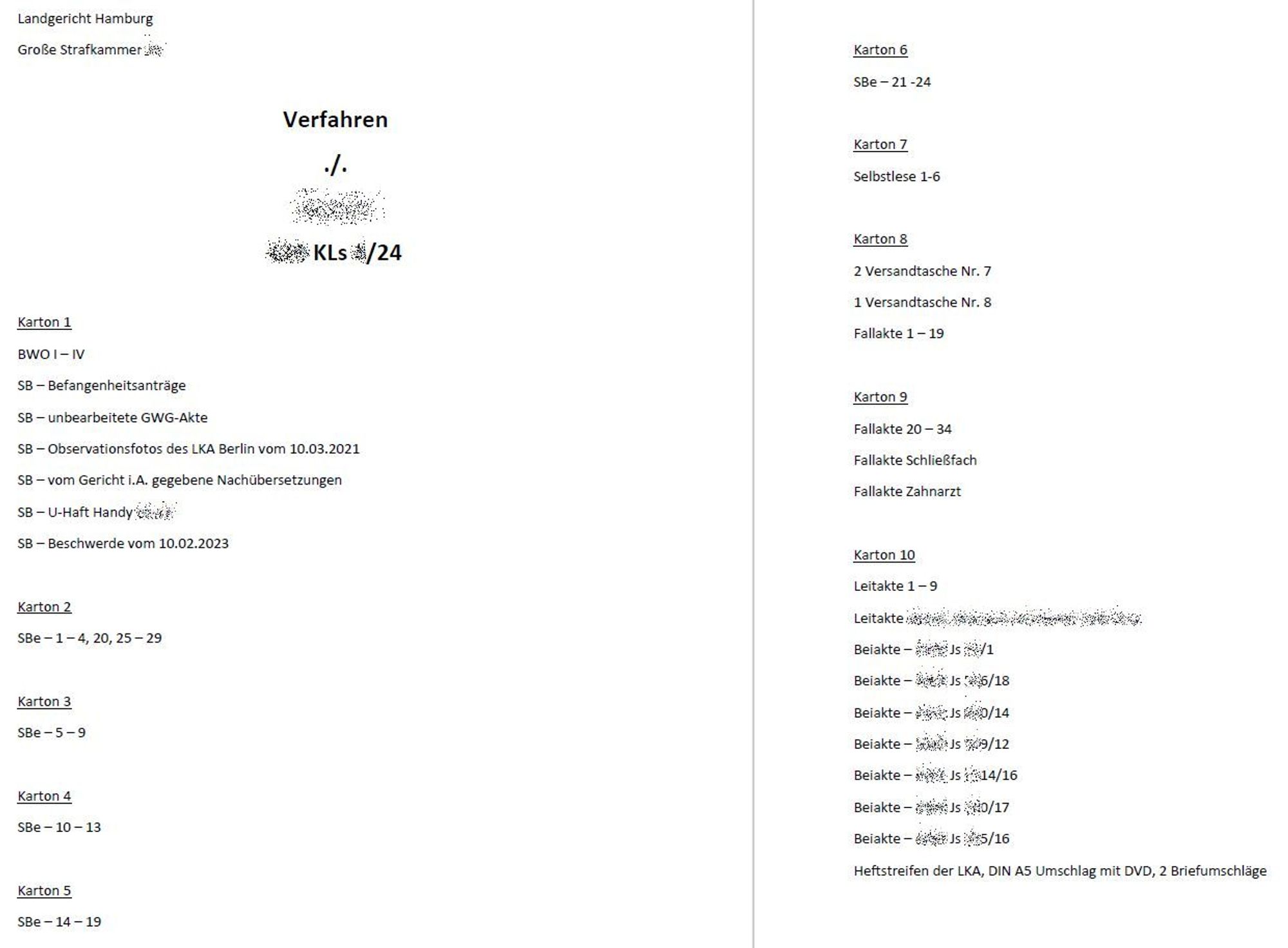 Landgericht Hamburg
Große Strafkammer **
Verfahren
./.
****
**** KLs **** /24
Karton 1
BWO I – IV
SB – Befangenheitsanträge
SB – unbearbeitete GWG‐Akte
SB – Observationsfotos des LKA Berlin vom 10.03.2021
SB – vom Gericht i.A. gegebene Nachübersetzungen
SB – U‐Haft Handy **** 
SB – Beschwerde vom 10.02.2023
Karton 2
SBe – 1 – 4, 20, 25 – 29
Karton 3
SBe – 5 – 9
Karton 4
SBe – 10 – 13
Karton 5
SBe – 14 – 19
Karton 6
SBe – 21 ‐24
Karton 7
Selbstlese 1‐6
Karton 8
2 Versandtasche Nr. 7
1 Versandtasche Nr. 8
Fallakte 1 – 19
Karton 9
Fallakte 20 – 34
Fallakte Schließfach
Fallakte Zahnarzt
Karton 10
Leitakte 1 – 9
Leitakte **** 
Beiakte – **** Js **** /1
Beiakte – **** Js **** /18
Beiakte – **** Js **** /14
Beiakte – **** Js **** /12
Beiakte – **** Js **** /16
Beiakte – **** Js **** /17
Beiakte – **** Js **** /16
Heftstreifen der LKA, DIN A5 Umschlag mit DVD, 2 Briefumschläge