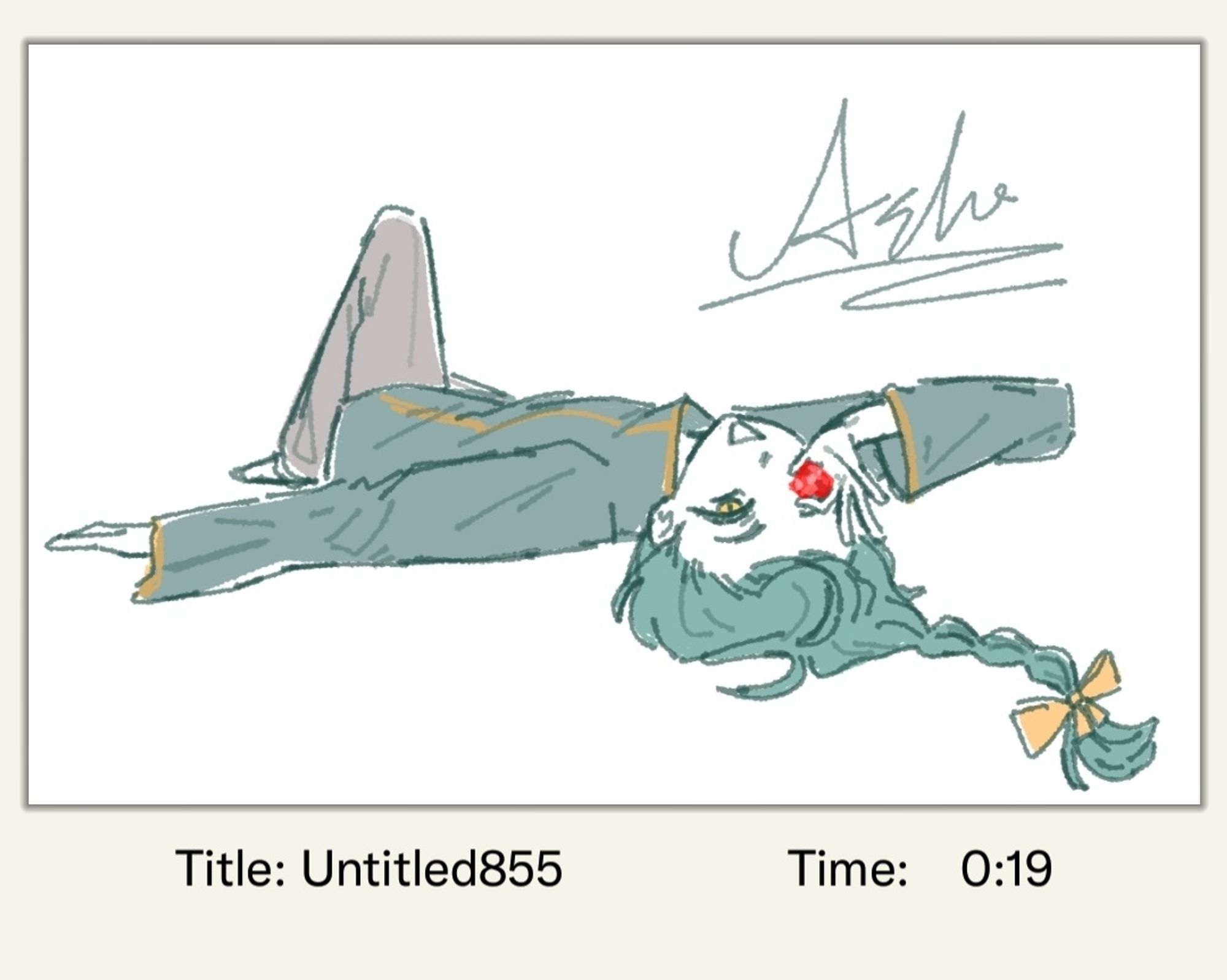 this is a doodle of ashe lying down, smiling while having a heart red gemstone in her hands, close to his left eye