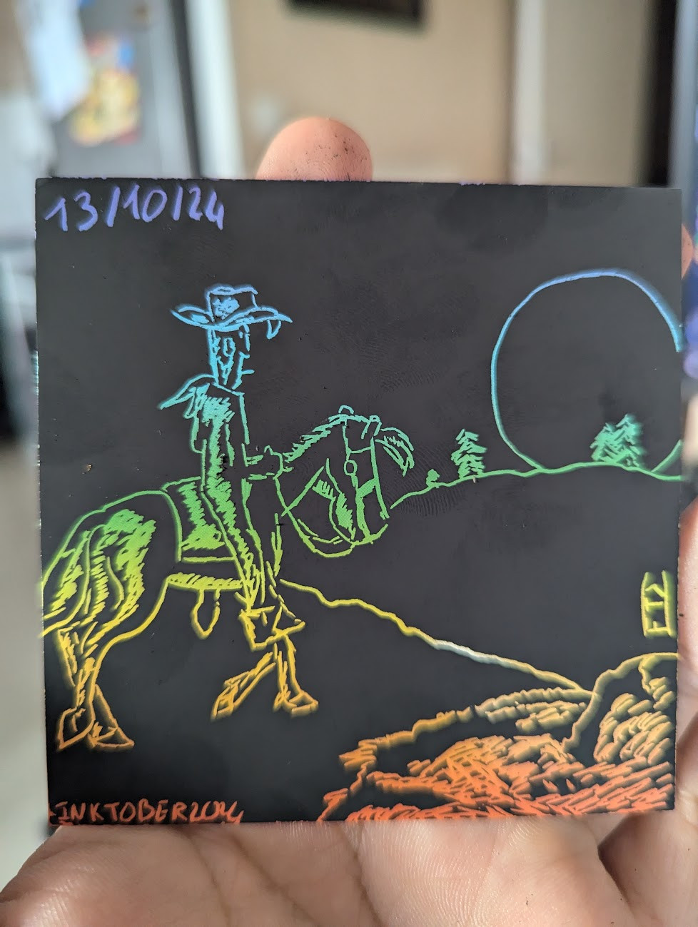 Carte à gratter - Inktober, Jour 13, Horizon
Lucky Luke se dirigeant vers l'horizon