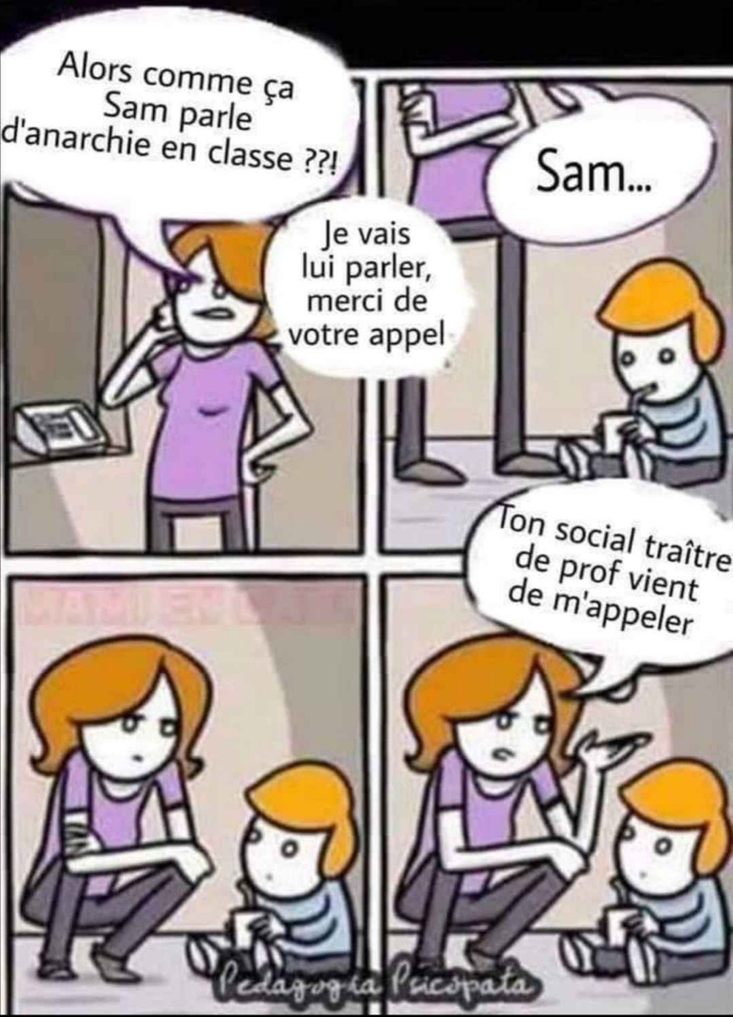 Bd 4 cases.
1/ une mère répond au téléphone : "alors comme ça Sam parle d'anarchie en classe ? Je vais lui en parler, merci de votre appel"
2/la mère s'approche de son enfant assis par terre et dit "Sam..."
3/elle s'accroupit auprès de Sam pour mieux lui parler 
4/ et lui dit "ton social traître de prof vient de m'appeler"