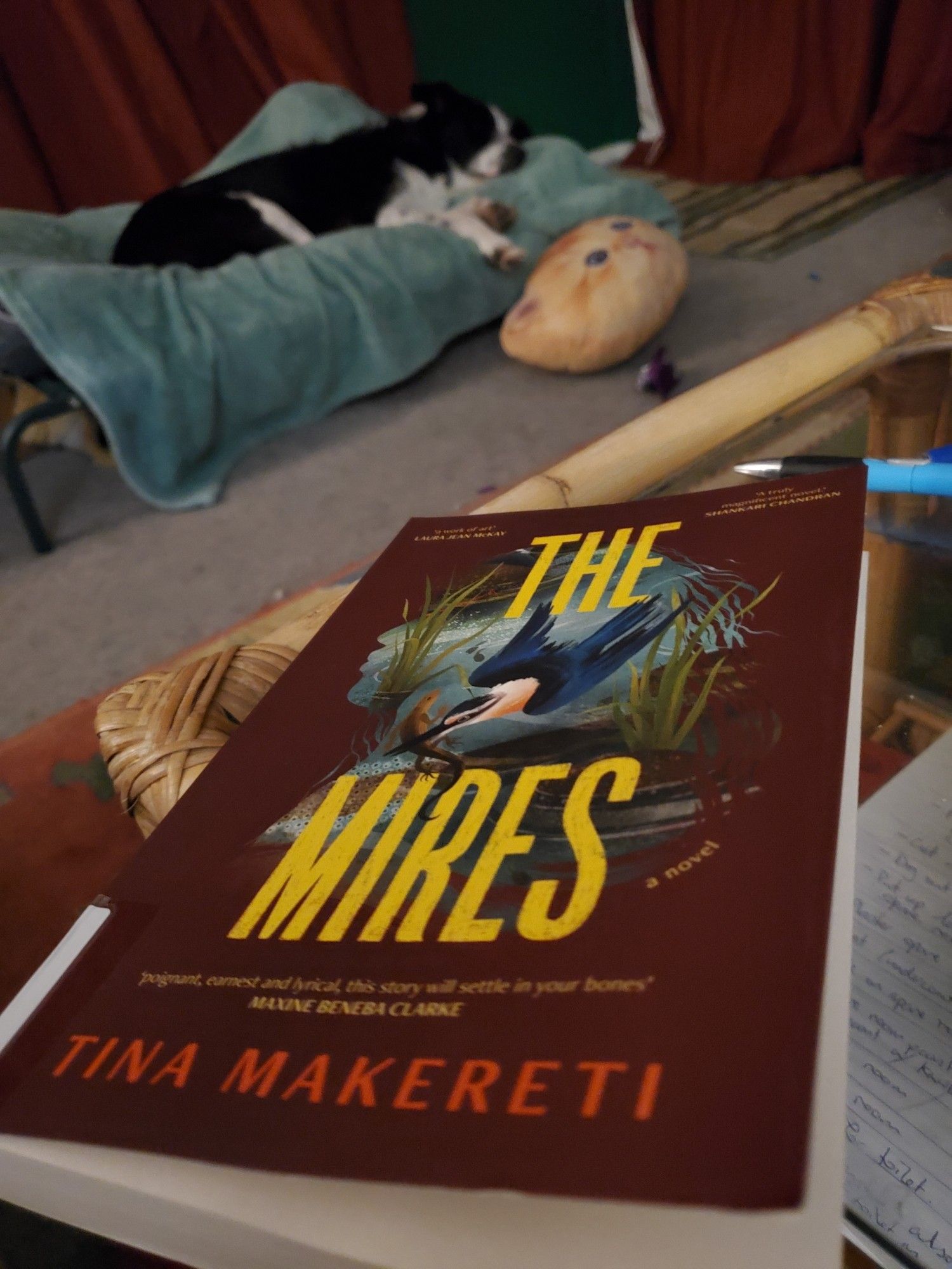 A book 'The Mires' by Tina Makereti and a sleeping dog in the background