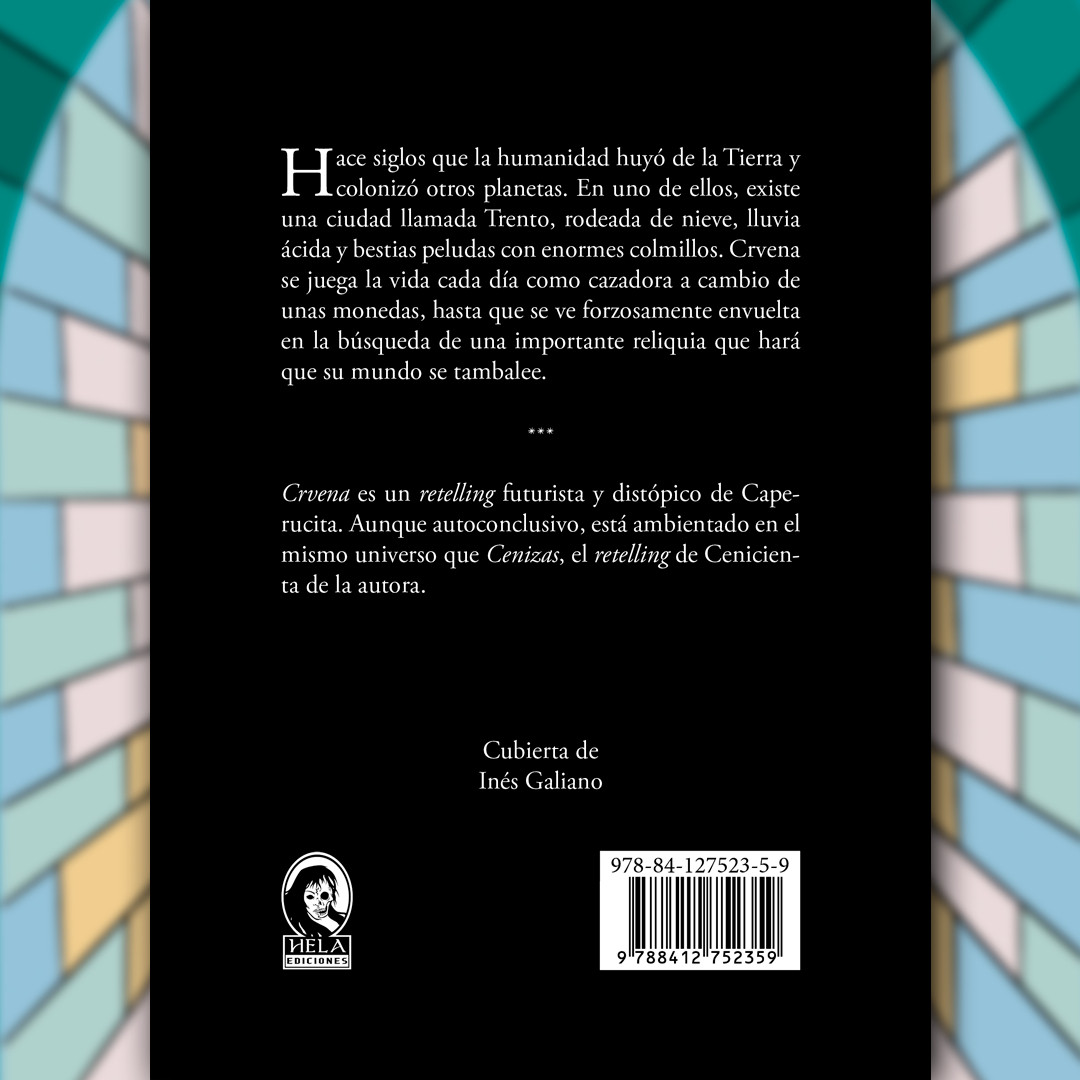 Hace siglos que la humanidad huyó de la Tierra y colonizó otros planetas. En uno de ellos, existe una ciudad llamada Trento, rodeada de nieve, lluvia ácida y bestias peludas con enormes colmillos. Crvena se juega la vida cada día como cazadora a cambio de unas monedas, hasta que se ve forzosamente envuelta en la búsqueda de una importante reliquia que hará que su mundo se tambalee.

***

Crvena es un retelling futurista y distópico de Caperucita. Aunque autoconclusivo, está ambientado en el mismo universo que Cenizas, el retelling de Cenicienta de la autora.