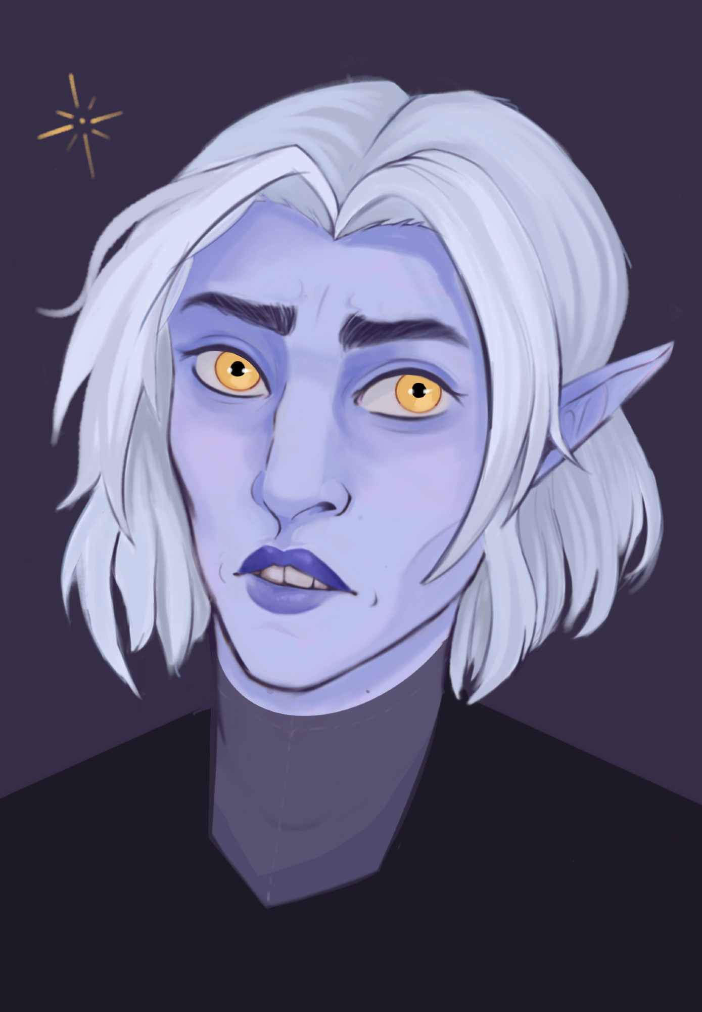 Digital artwork of an elf with blue/purple skin, yellow eyes and white hair.