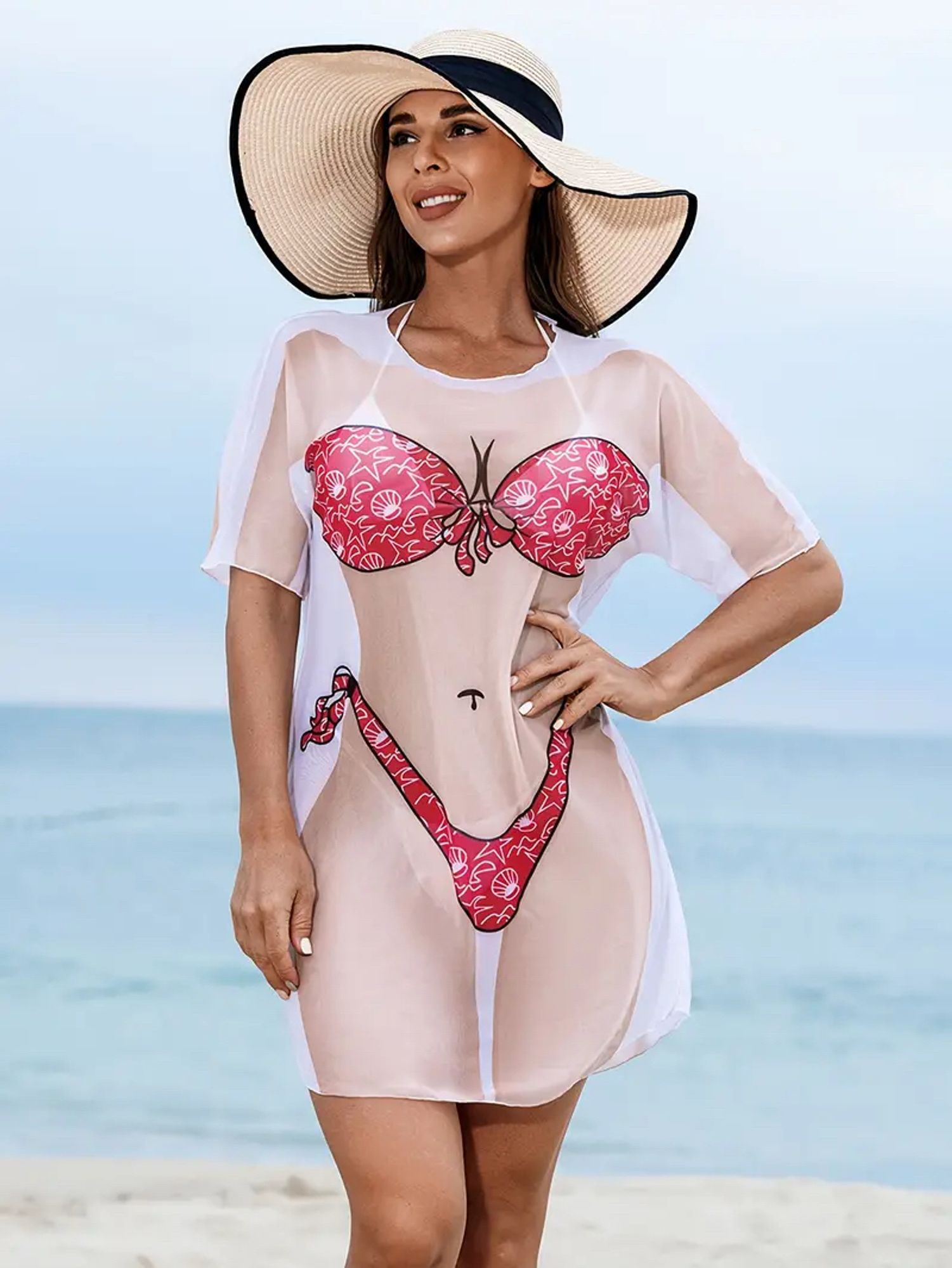 Novelty bikini shirt that has a cartoon illustration of a