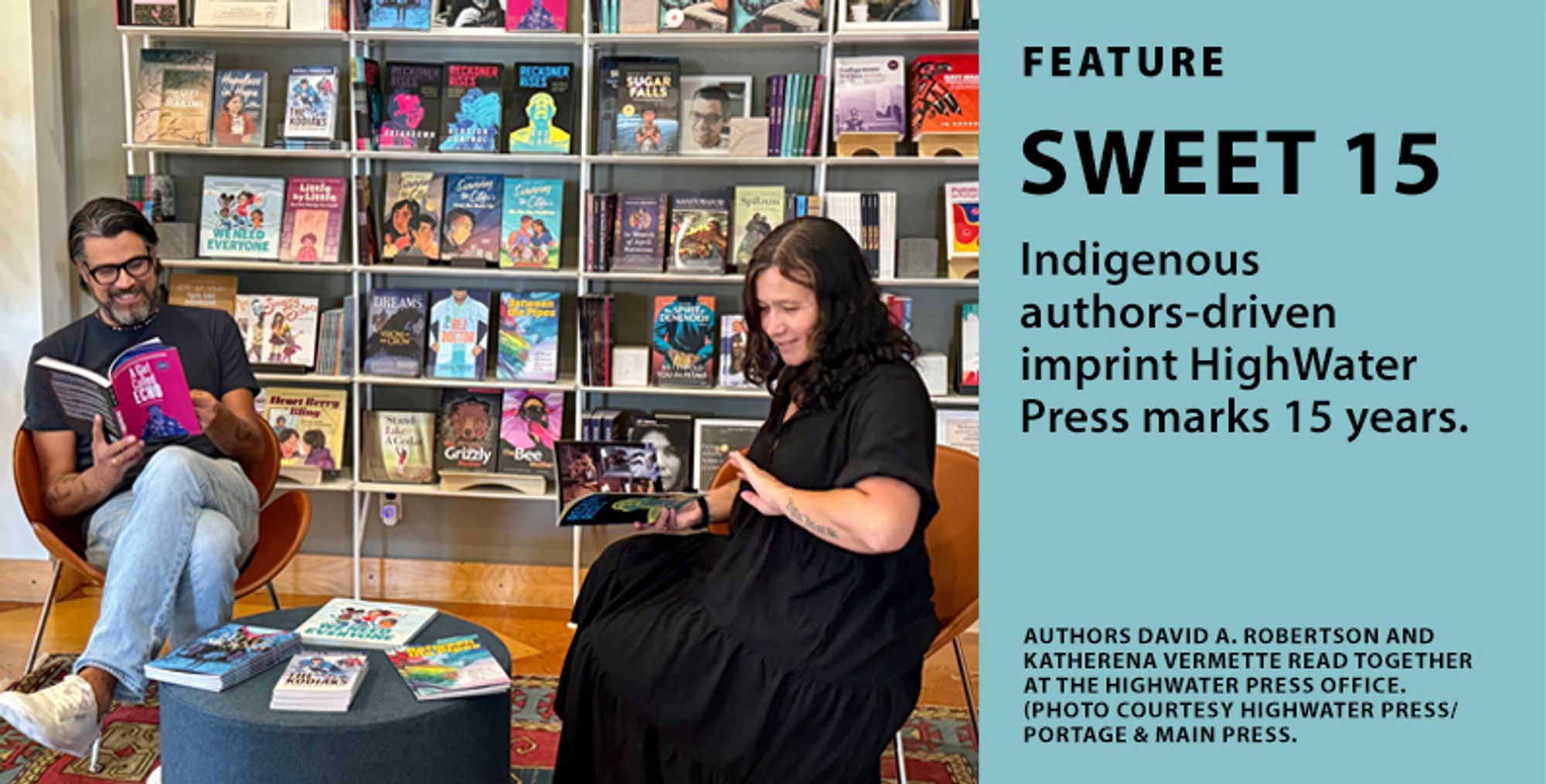 David A. Robertson and katherena vermette read together at HighWater PRess office with bookshelf of books behind them