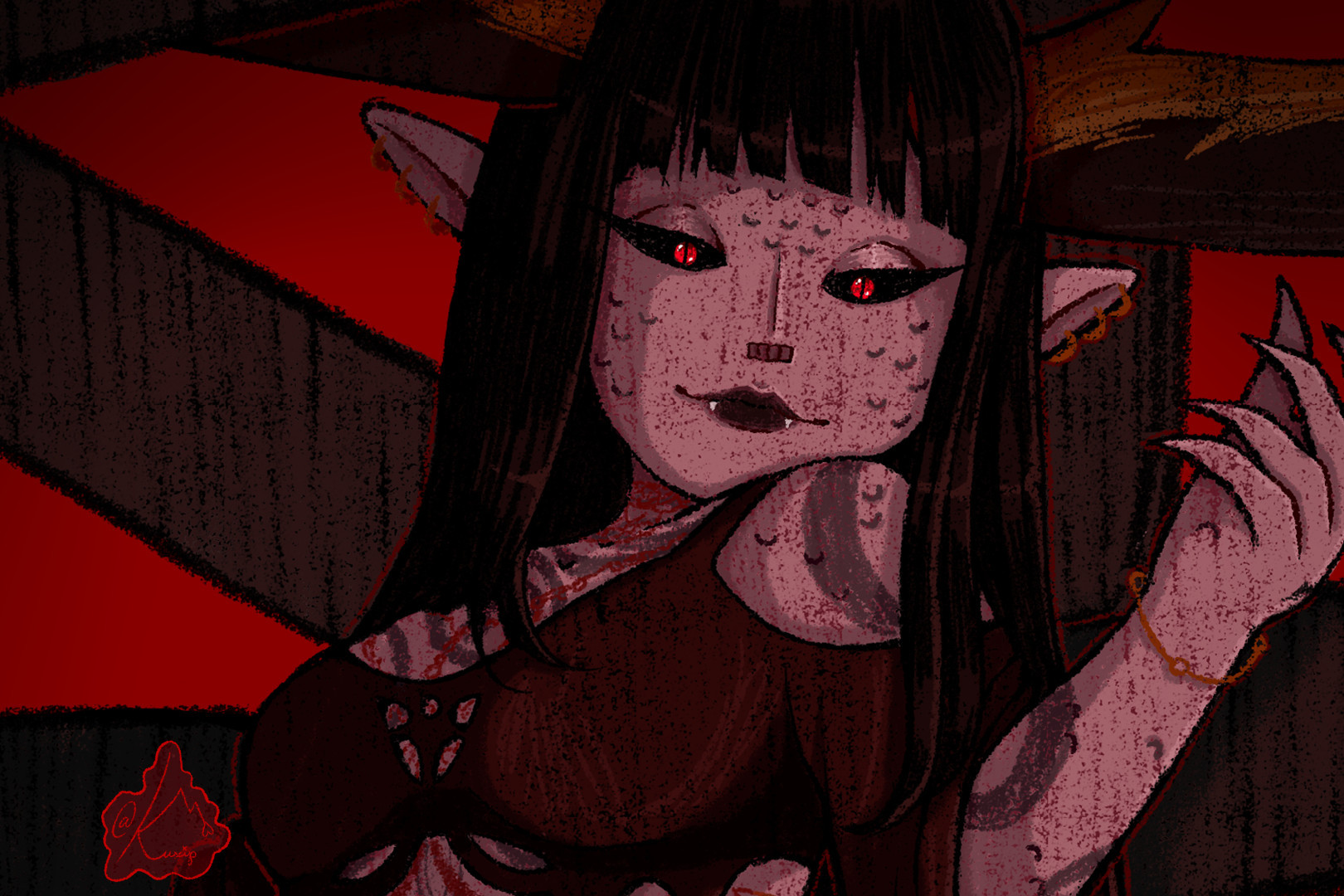 A feminine person with long dark hair, long horns, long pointy ears with 3 hoop earrings on each ear, bright eyes with dark scleras, and dark lipstick. They have a scale-like texture to their skin, and their skin is tinted an unnatural red from the lighting. There's a watermark in the bottom left corner that says "@kuxip"