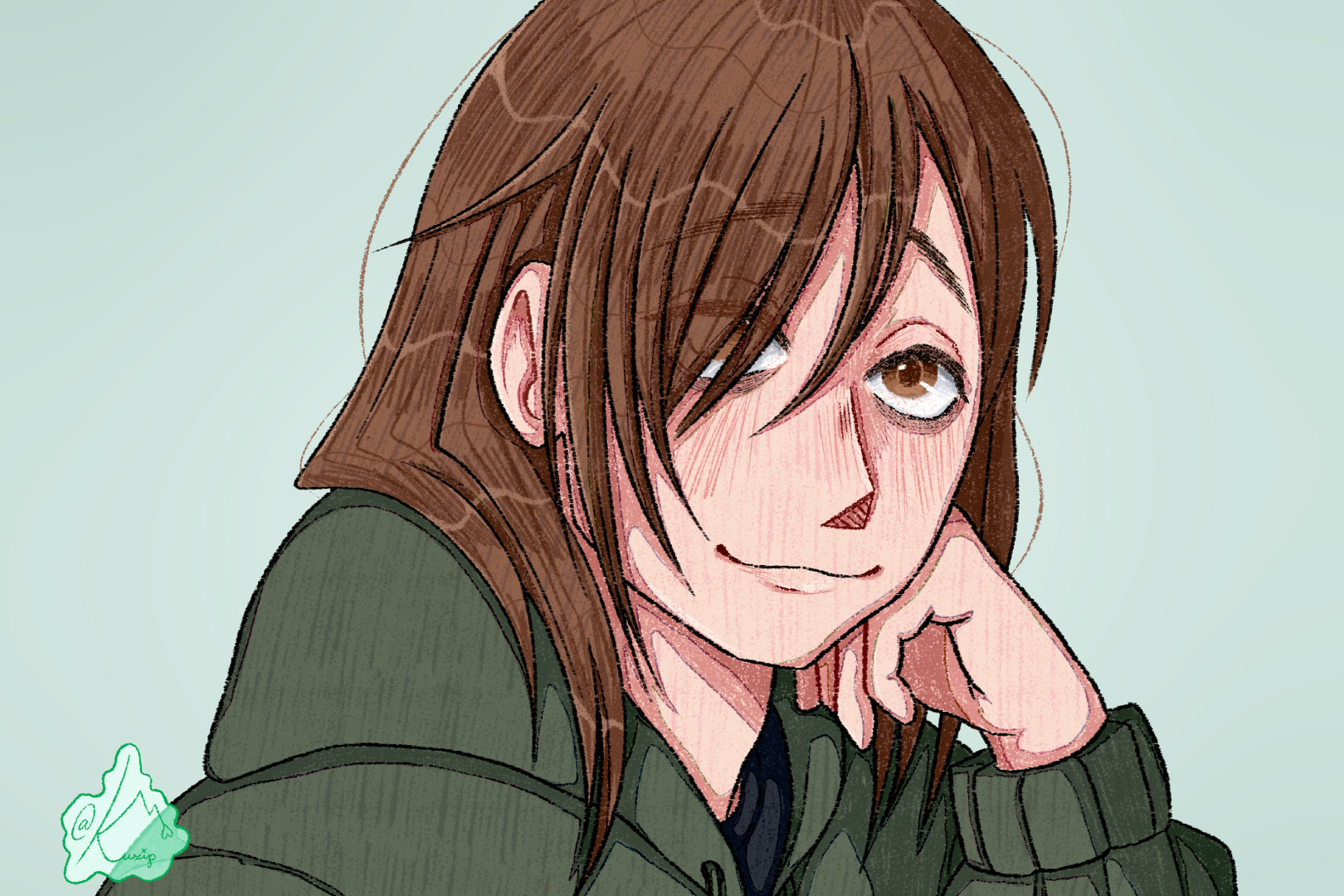 A masculine person with straight hair that goes just below their shoulders. They look a little smug, and is resting their face slightly on their left hand. They're wearing a green hoodie with a black undershirt. There's a watermark in the bottom left corner that says "@kuxip"