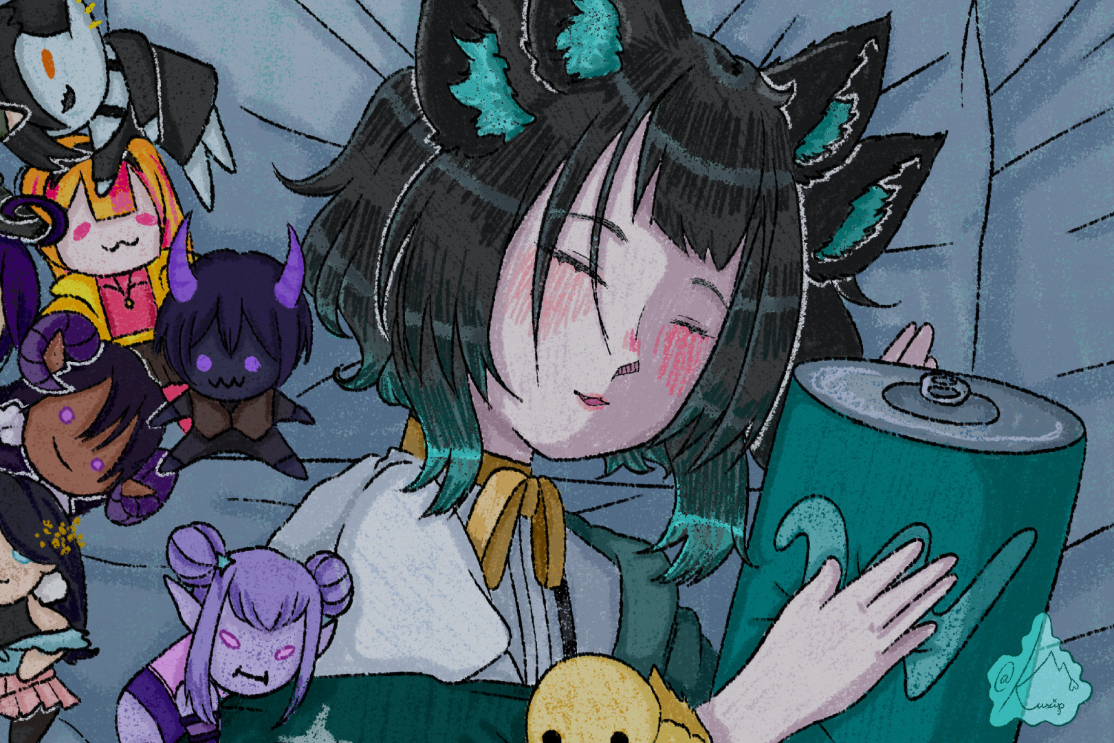 A feminine person peacefully sleeping in bed, surrounded by a bunch of stuffed animals. They have 4 cat ears on her head, and short to medium length hair, the front being a little longer than the back. Their hair has a slight wave to it. They are cuddling with a stuffed animal that looks like a soda can, and the pile of stuffed animals to their right are humanoid. There's a watermark in the bottom right corner that says "@kuxip"