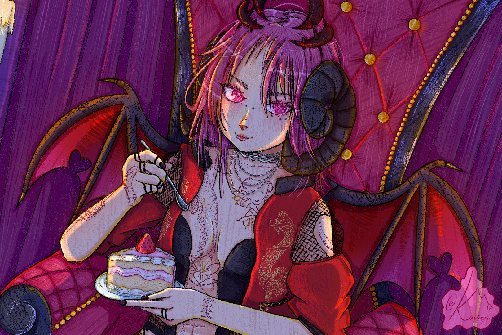 A feminine person sitting on a regal throne, eating strawberry shortcake. They have medium length hair that's brightly colored and a little messy. Their eyes are bright and slightly glowing. They have dark spiral shaped horns on the sides of their head, bat-like wings with love-heart shaped cutouts, and have tattoos all over their torso and arms. The overall scene is darkly lit, being lit up by candles on their left and right. There's a watermark in the bottom right hand corner that says "@kuxips"