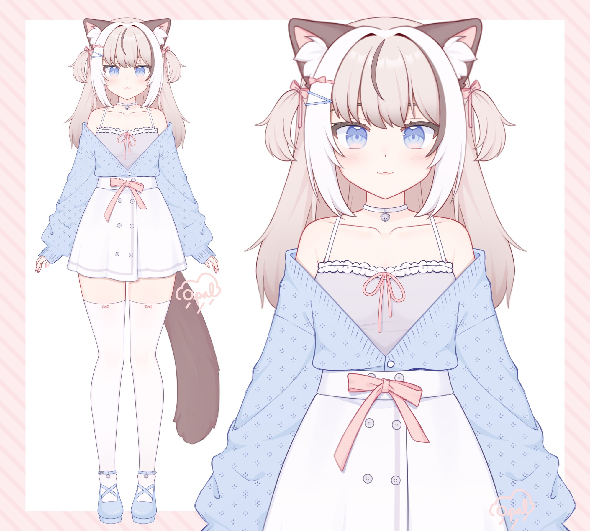 An anime girl designed after a ragdoll cat. She has thick, cream colored hair that is partly tied in small pigtails. Her fringe is white and there are a few dark brown streaks in her hair. She wears a blue cardigan that is tucked into a white skirt. Under the cardigan is pale gray tank with a lace and a pink bow. There is also a pink bow on her skirt waistband.