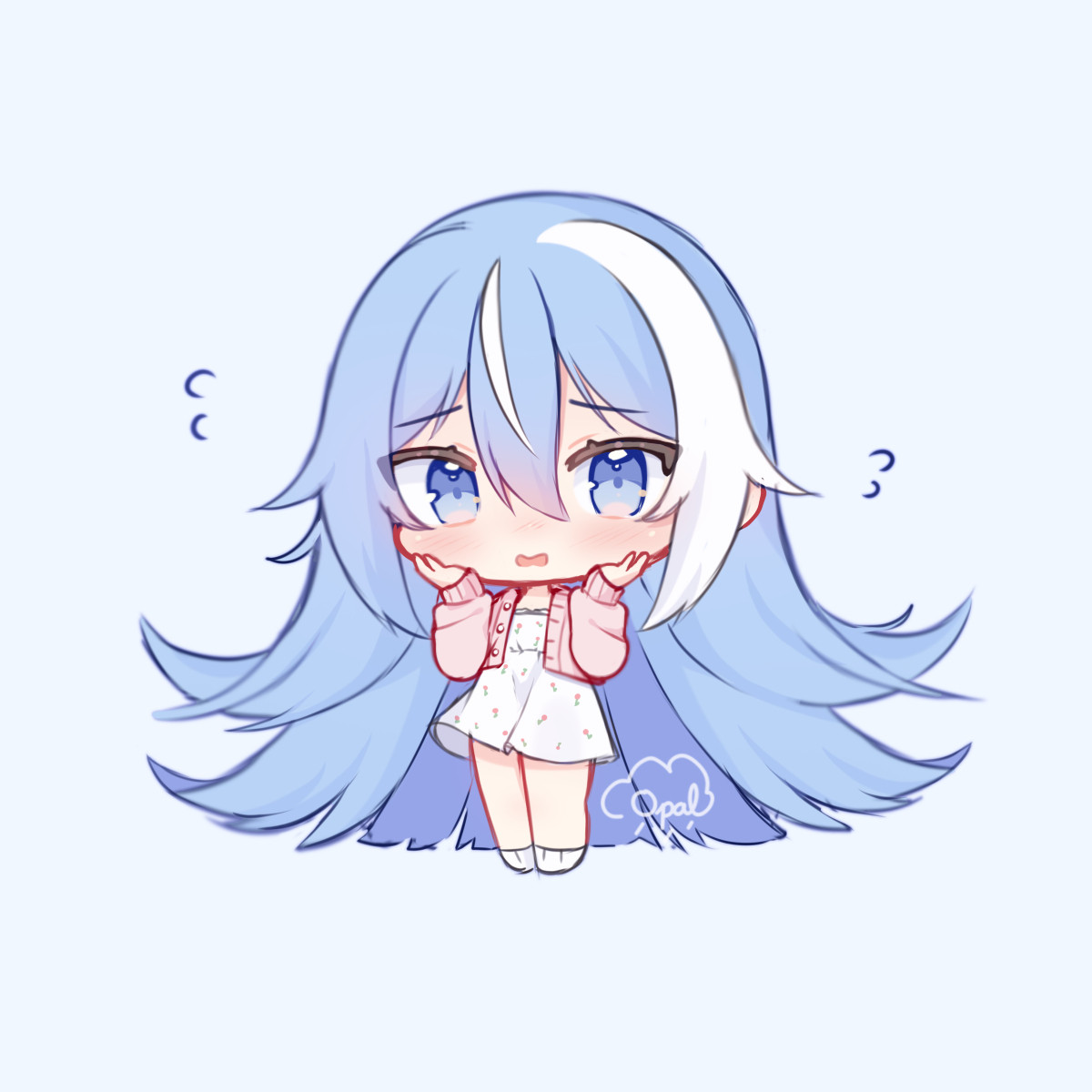 A chibi drawing of my OC, Rain! She has light blue hair that swoops outwards on the bottoms. She has a white strand of hair in the middle of her bangs and her left fringe is also white. She wears a white dress with pink roses on it and a pink cropped cardigan.