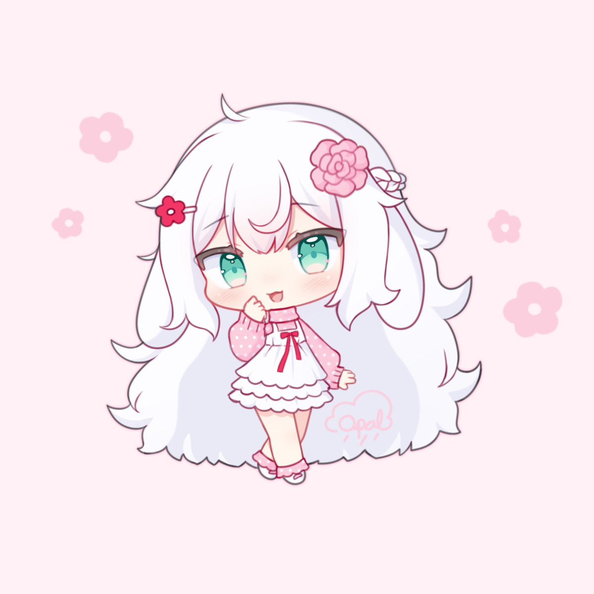 Chibi girl with white, fluffy hair and lopped bunny ears. She wears a pink polka-dotted turtleneck and a white dress on top. She has green eyes and a pink camellia flower in her hair. She is my OC named, Camellia.