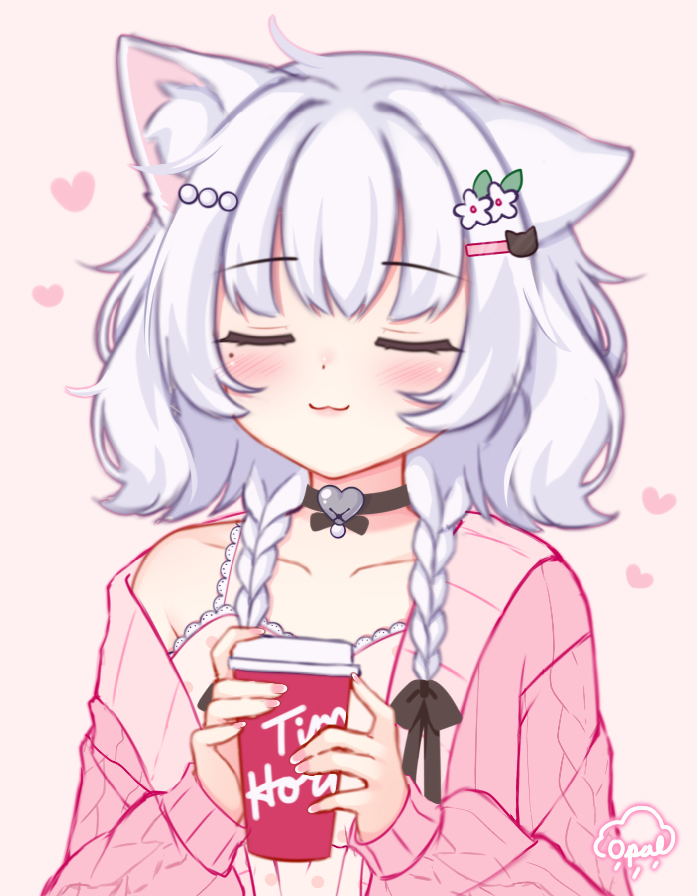 Sketchy anime illustration of my OC, Lily, holding a Tim Hortons coffee cup. She has her eyes closed as if she is very content and relaxed. Lily has white fluffy hair, with two braids, and cat ears. She wears a light pink dress and a darker pink knitted cardigan.