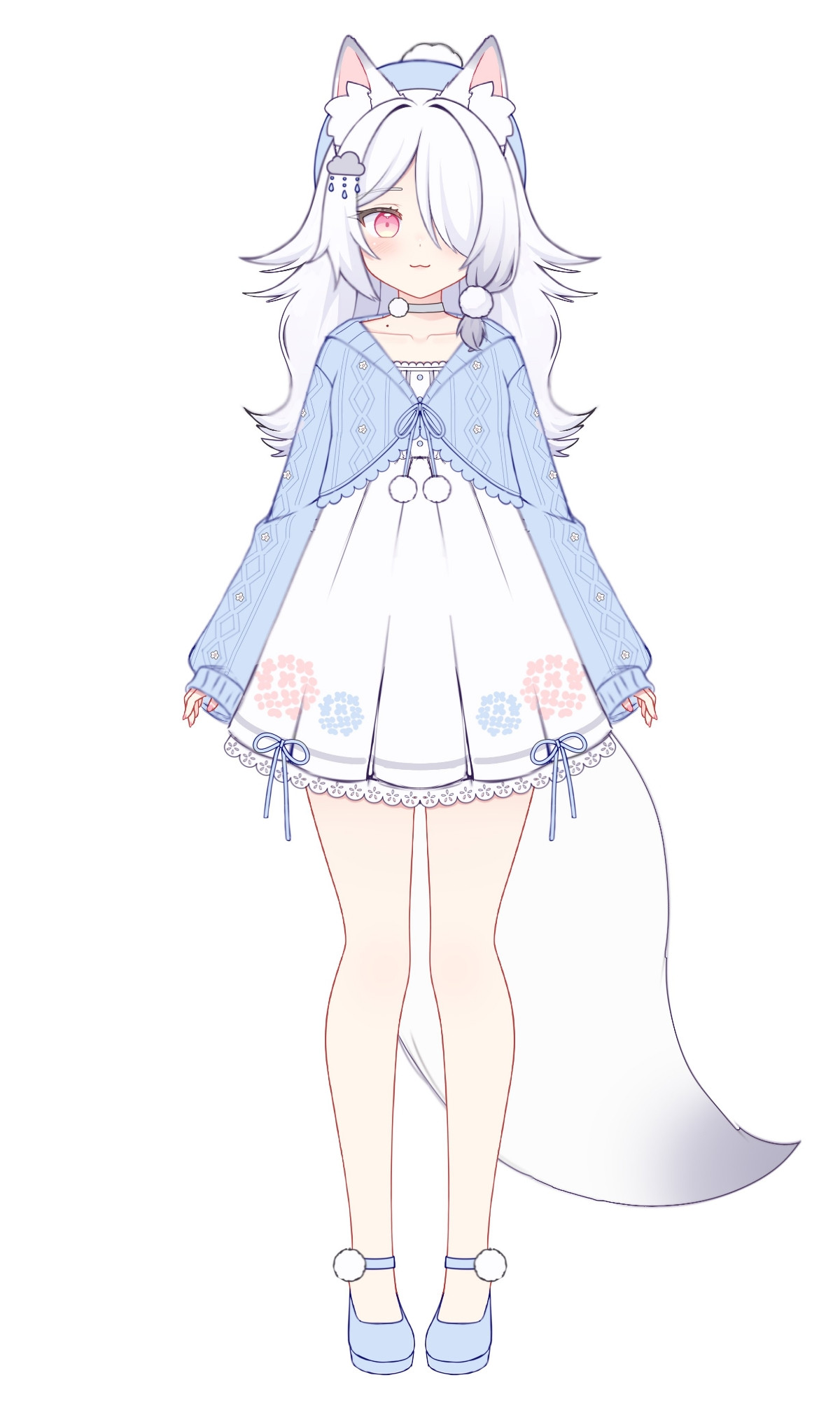 Reference of my persona, Opal. She is a white haired fox girl with a rain motif.