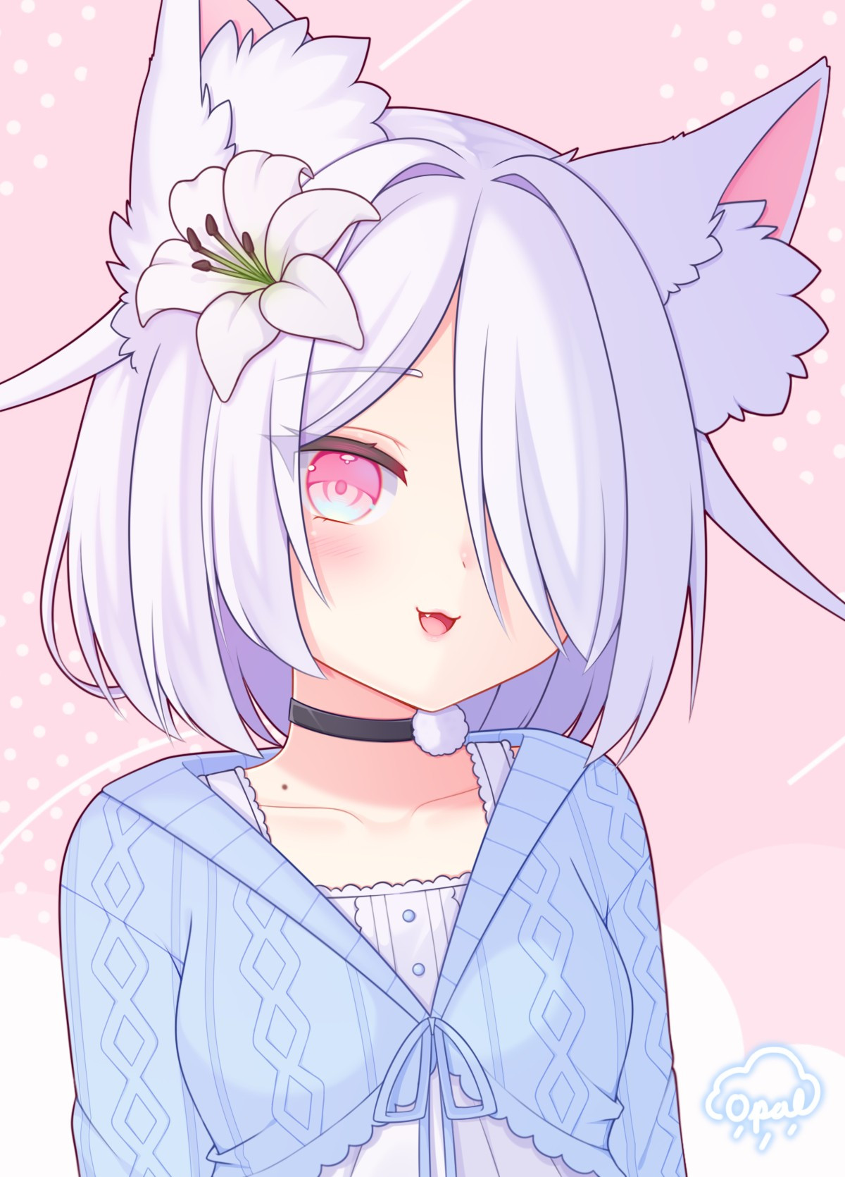 An illustration of my persona, Opal. She is a white haired fox girl with short hair and bangs that cover one eye. Her eye color is light pink and she wears a white dress with a blue cropped cardigan on top. She has a big white lily in her hair.