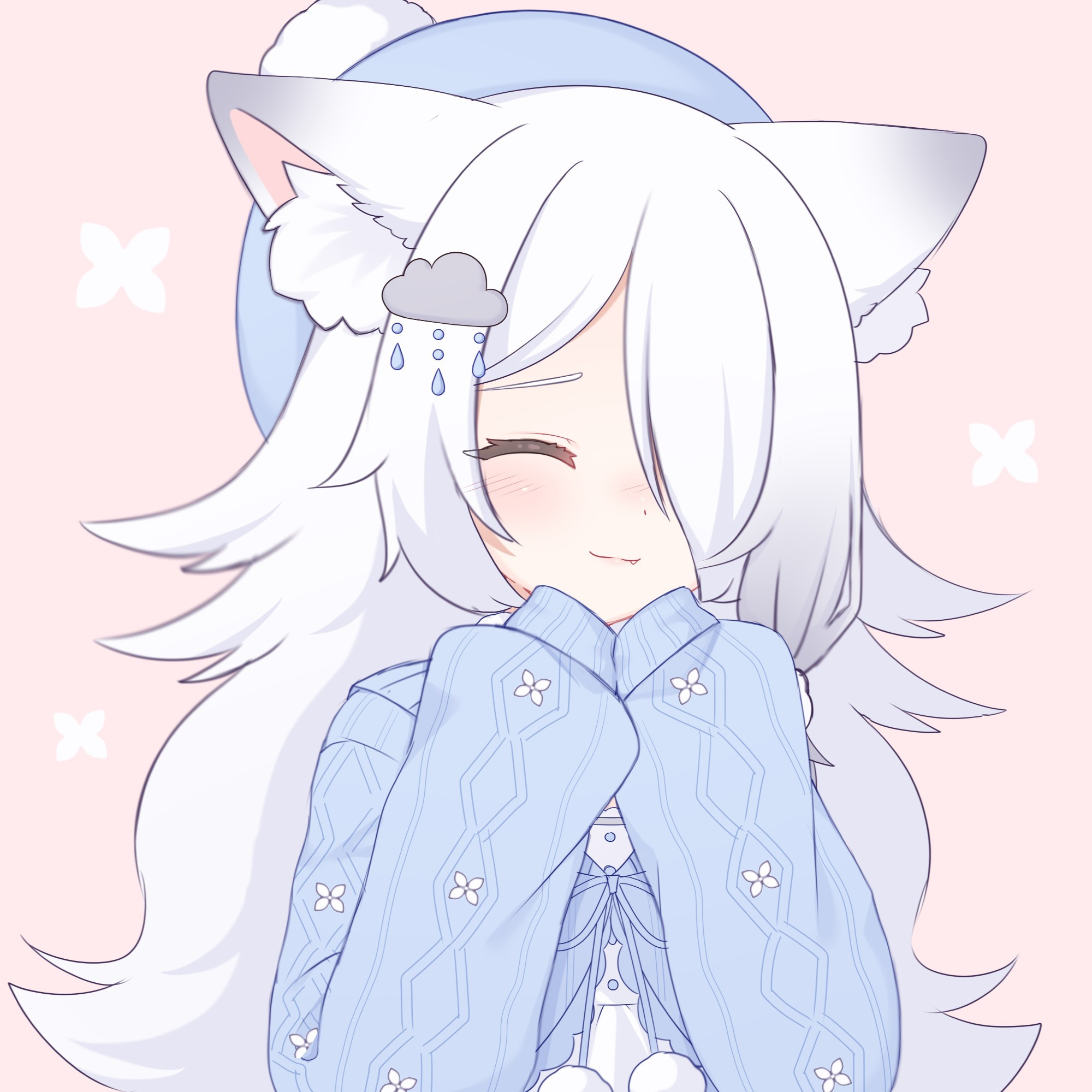 My character, Opal, smiling with her eyes closed and her hands are near her face. She is a white haired fox girl with long, wavy, fluffy hair. The tips of her ears are gray and she has a rainy cloud hair pin. She has a cropped blue cardigan with a dress underneath, and a blue beret with a white pompom on it.