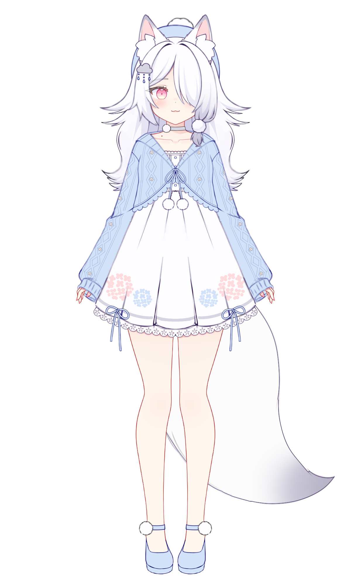 My OC, Opal. She has fluffy, white, long hair with a rain cloud hair clip. She has a huge fluffy fox tail that is white and gray tipped. Her outfit is a white dress with hydrangeas on it and a cropped blue cardigan on top.