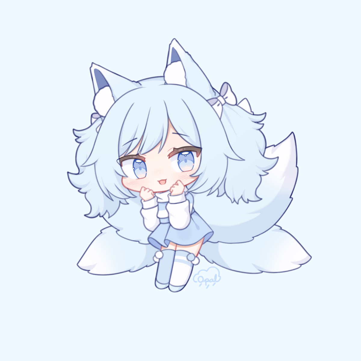 Chibi illustration of my OC, Nola. She is a nine-tailed fox girl. Her hair is thick and fluffy and tied in pigtails. Her hair is a light powdery blue and her tails are the same color but with white tips.