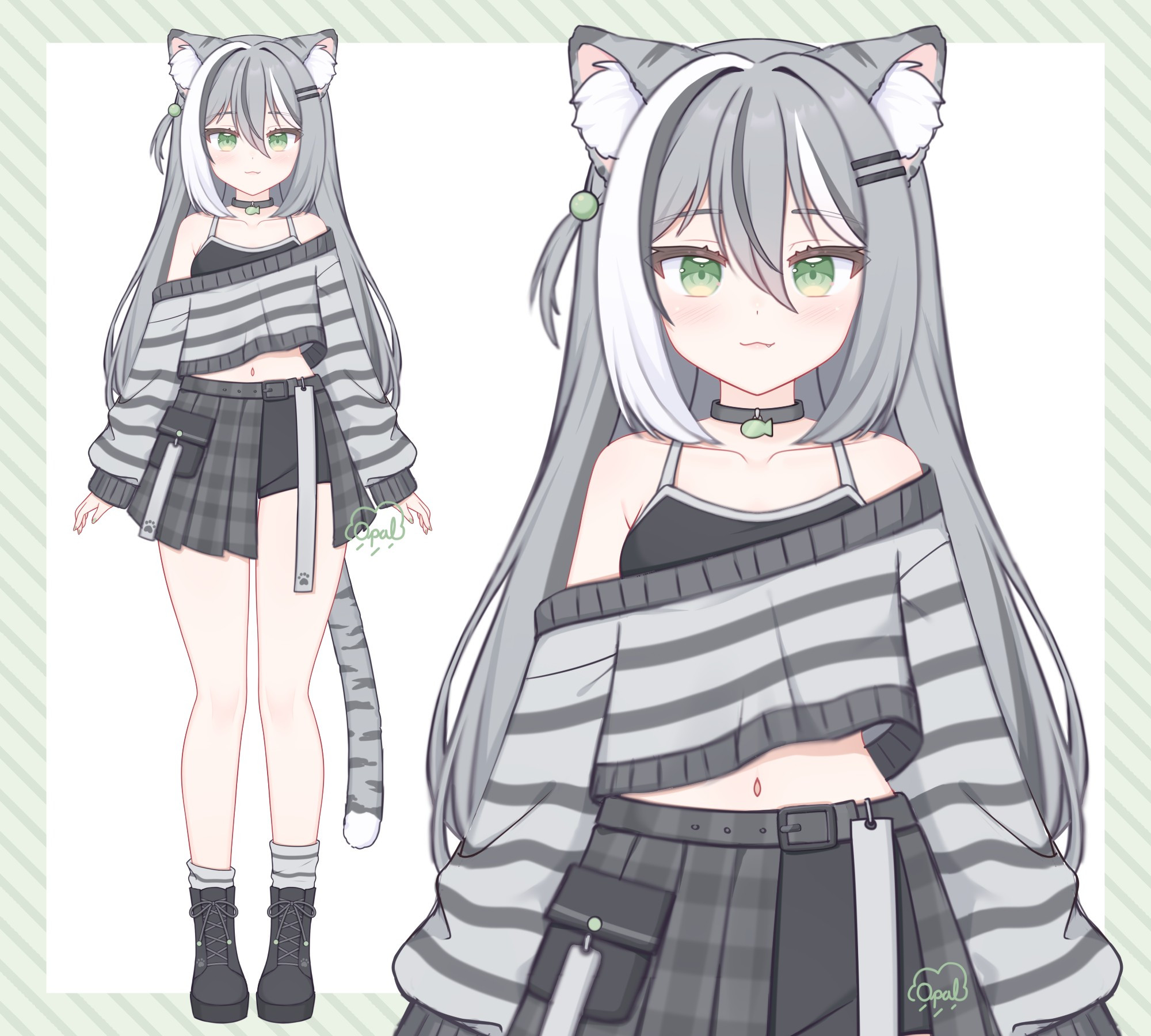 Illustration of a gray tabby cat anime girl. She has long gray hair with streaks of gray and white. She wears a cropped light gray sweater with dark gray stripes. Her skirt is dark gray and pleated with a window showing shorts underneath. The skirt has long dangling straps that are light gray.