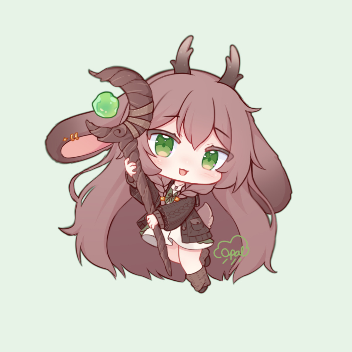 Chibi jackalope girl with long and fluffy brown hair. Her ears are huge and lopped. She wields a big wooden staff that has a green magical stone in it that matches her eye color.