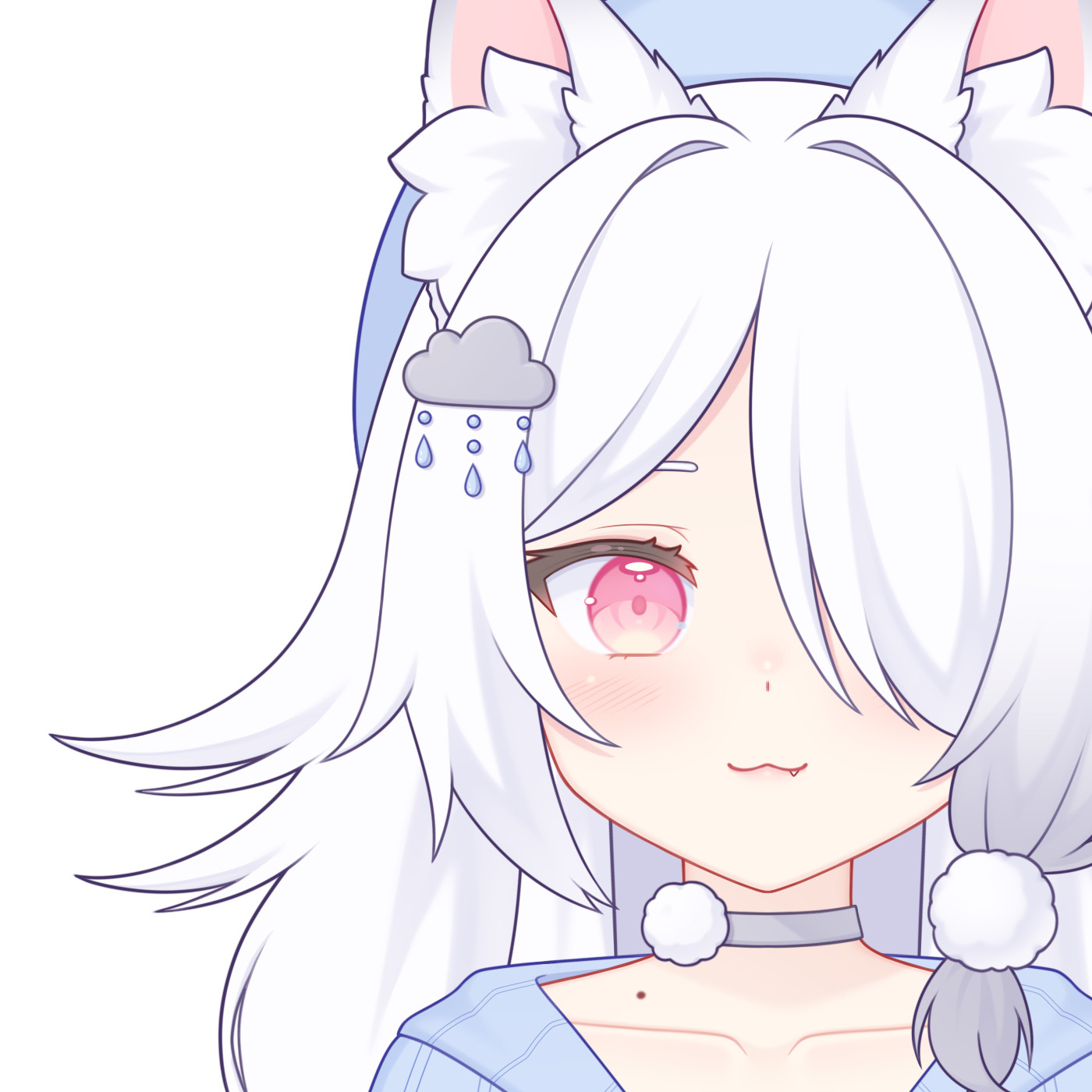 Sneak peek of my model. It's my character, Opal. She has pink eyes, white hair with a grey gradient on one fringe, and a blue cardigan. She also has a rain cloud hair clip.