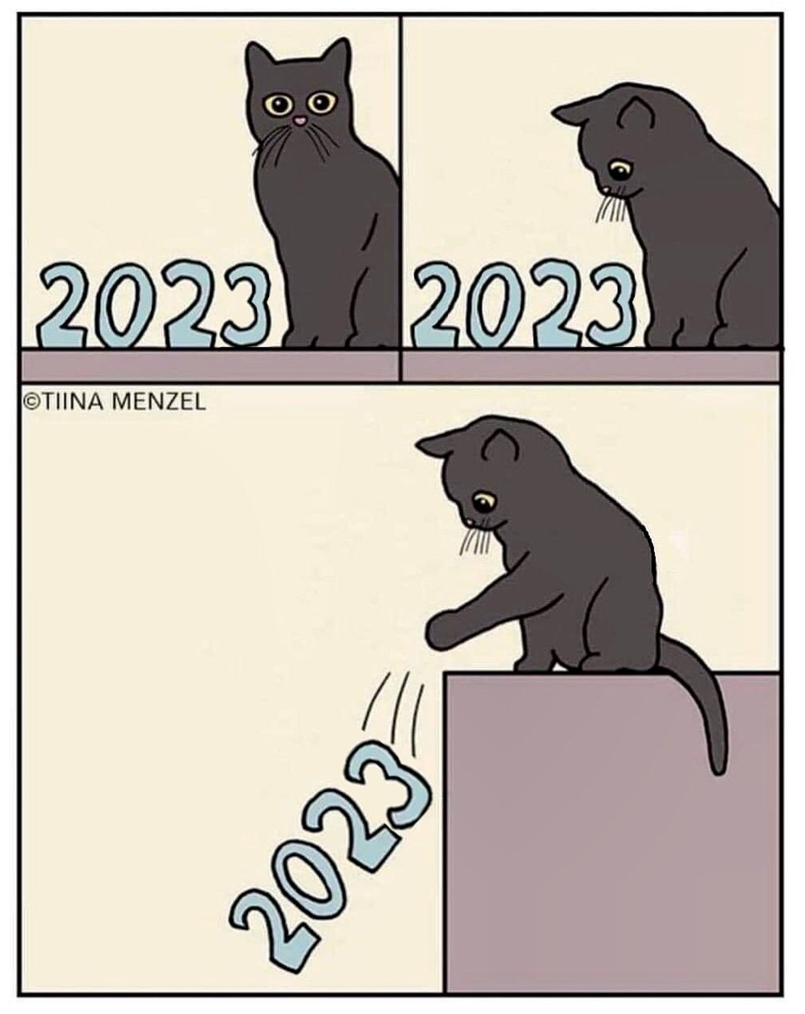 Cat throwing a 2023 sign.