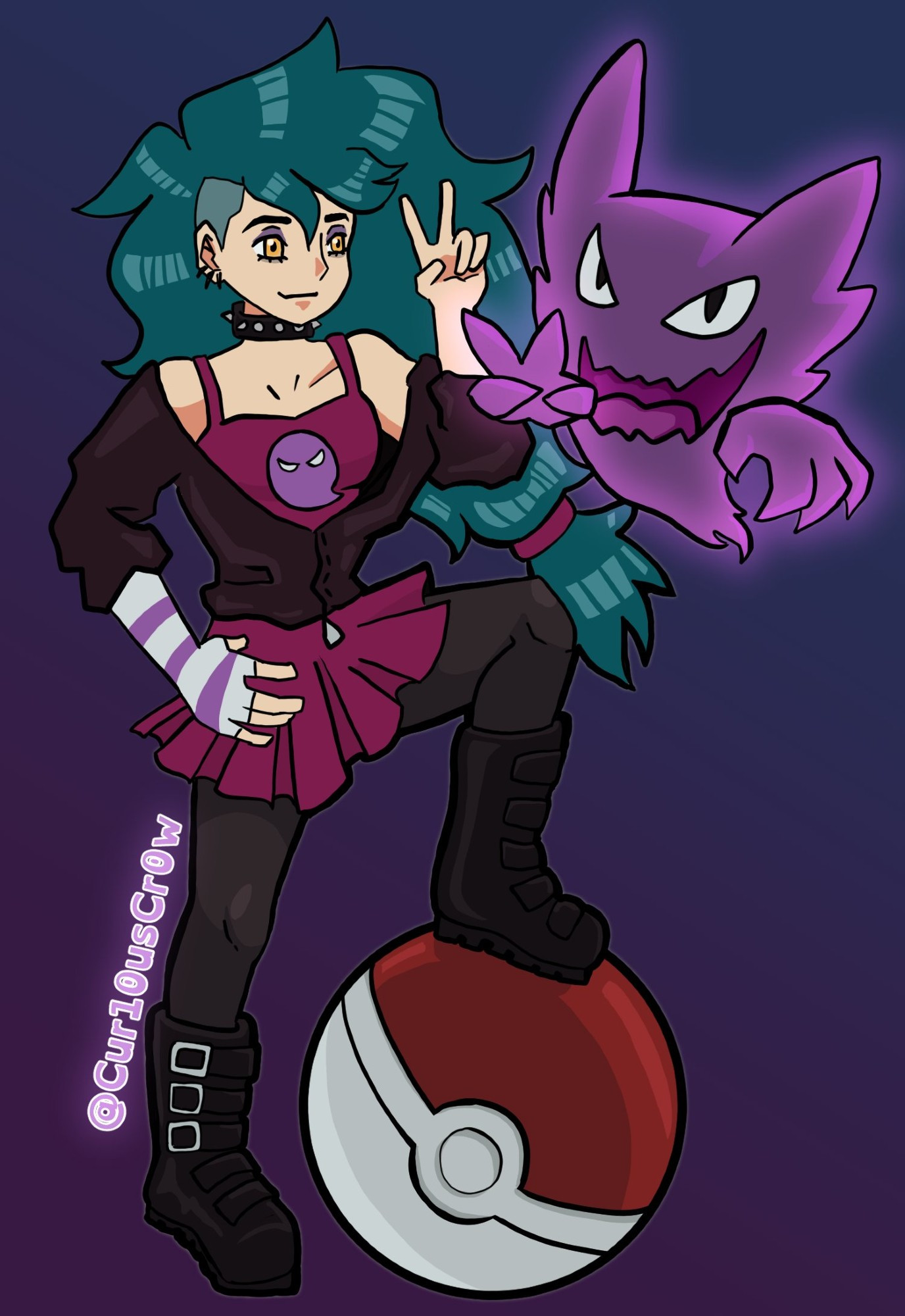 Teal haired alt fashion trainer holding up a peace sign along with their haunter