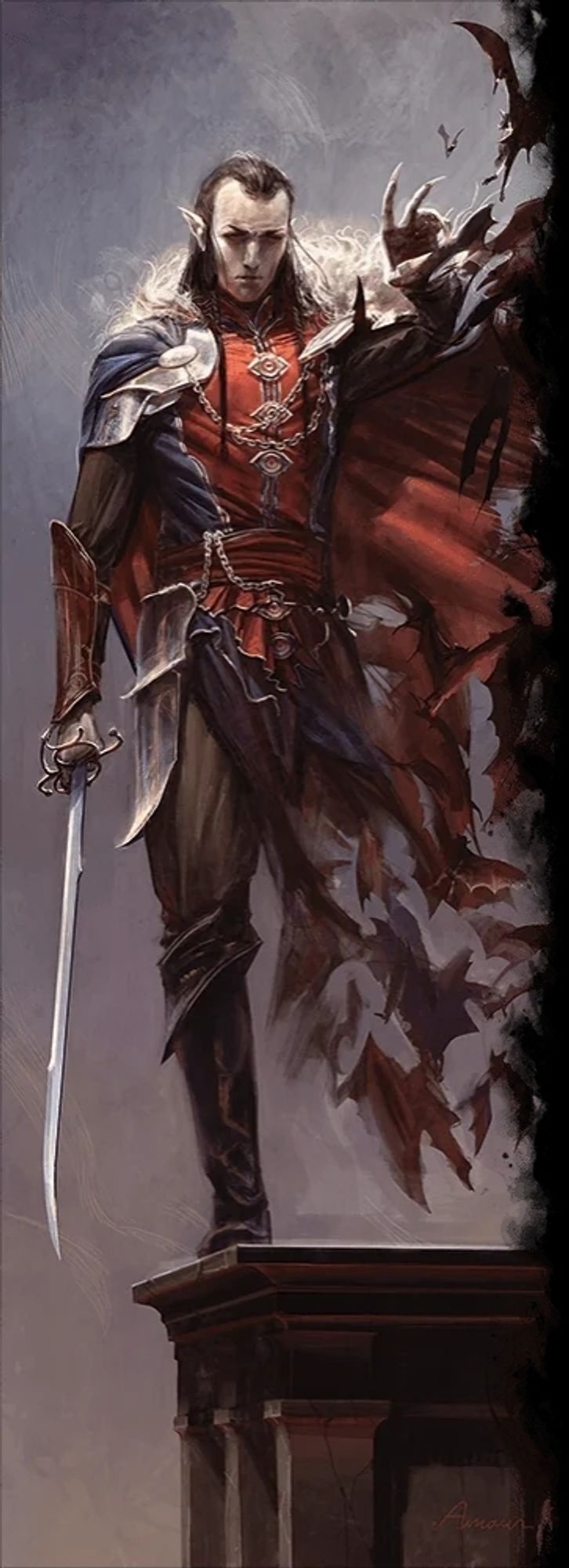 Strahd von Zarovich dissolving into a colony of bats. He is dressed in formal red leather and half plate armor