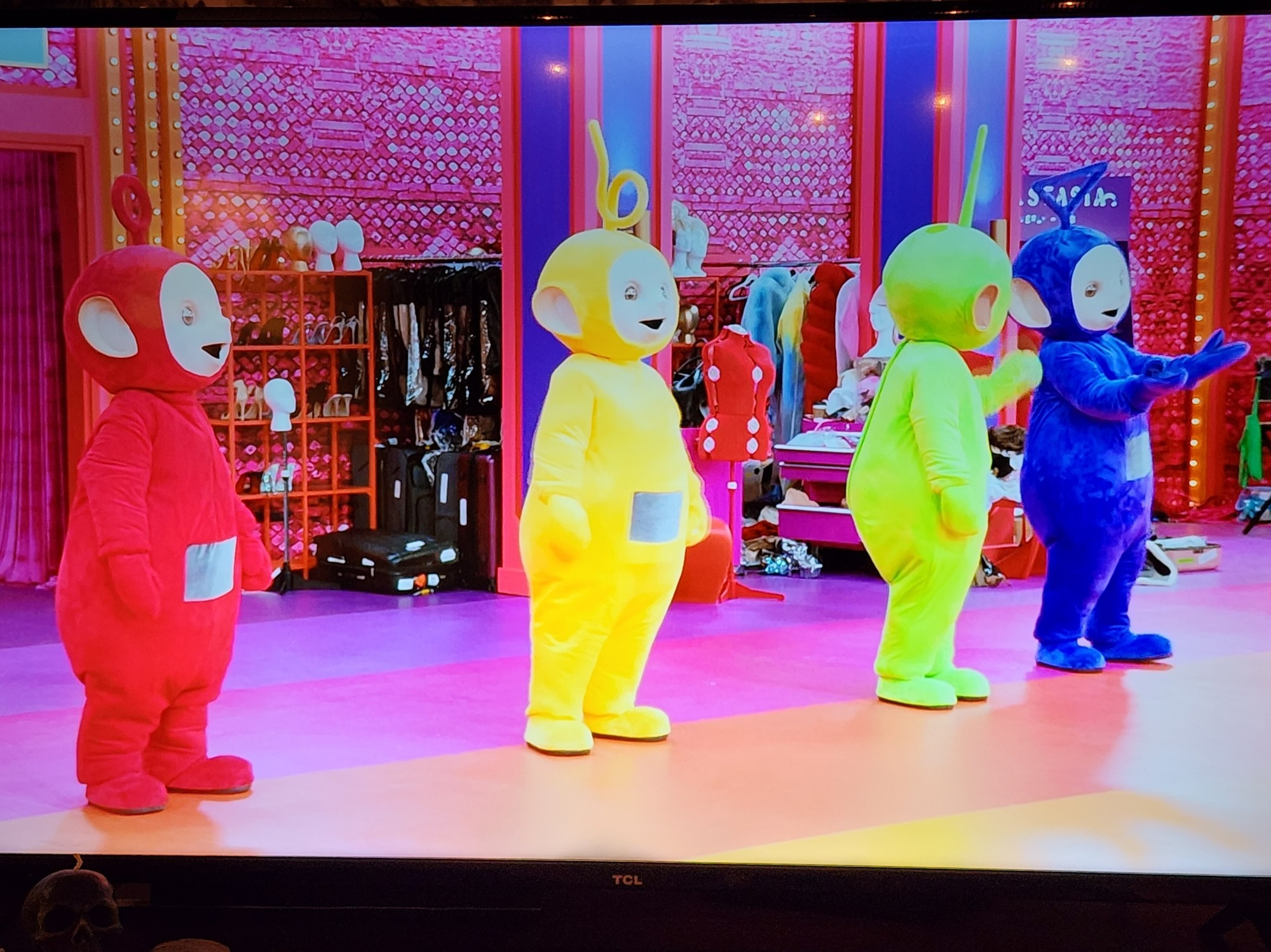 Po, Lala, Dipsy, Tinky Winky in the Werk Room of Rupaul's Drag Race.