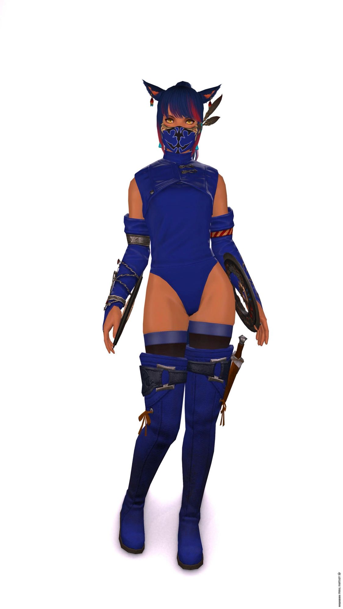 Ko’tana

Replica High Allagan Mask of Aiming
Martial Artist’s Sleeveless Vest
Virtu Dancer’s Armlets
No. Type B Leggings
Expeditioner’s Thighboots