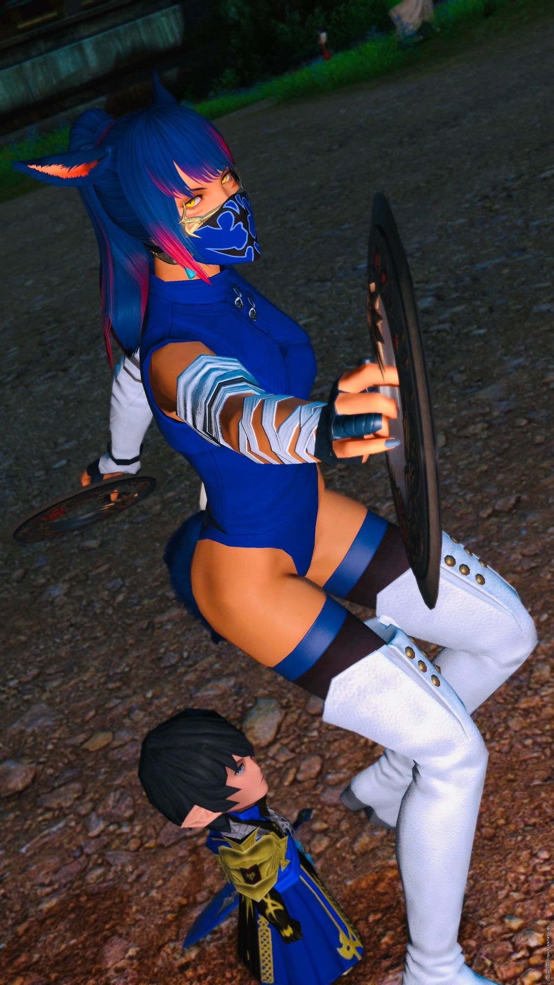 Ko’shari (female Miqo’te) in a blue ninja suit paying homage to Kitana from Mortal Kombat.