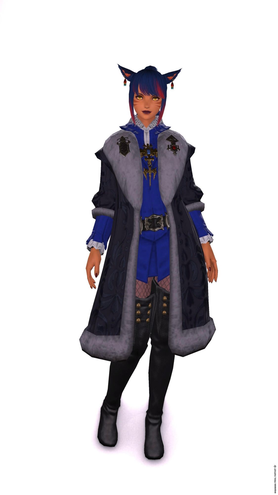 Legally Blue / First Lady of Ishgard

Emperor’s new hat
Alpine coat
Dirndl’s wrist torque
Bunny chief’s tights
Ishgardian Thighboots