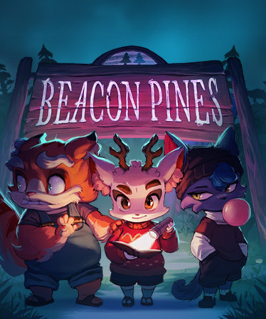 Game art for Beacon Pines. Features 3 animal children standing underneath a large, wooden sign that reads "BEACON PINES".