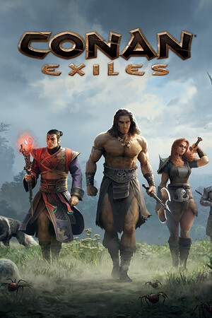 Picture for the game, Conan Exiles. Conan the Barbarian is front and center with a man that appears to be a magic-wielder of some form on his left and a woman who uses melee weapons on his right.