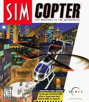 Box art for the game SimCopter. Features a helicopter flying above a city street shining a light down onto the street.