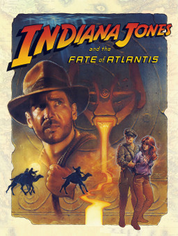 Game art for Indiana Jones and the Fate of Atlantis. Features Indy with his iconic hat looking up and to the right with a worried expression. In the bottom right corner a red-haired female is being detained by a Nazi.