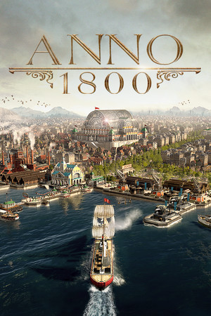 Game art for Anno 1800. Features a ship sailing into the port of a Victorian city.