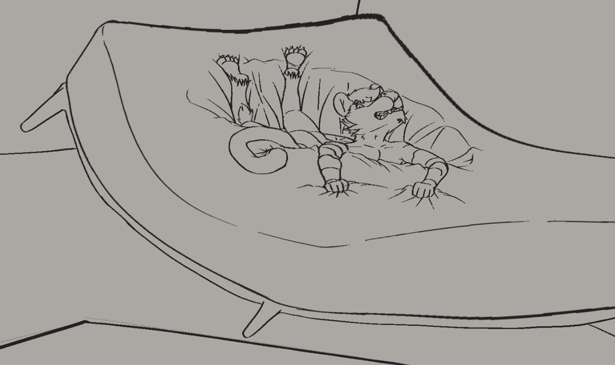 An opossum fursona sinking into a bed.