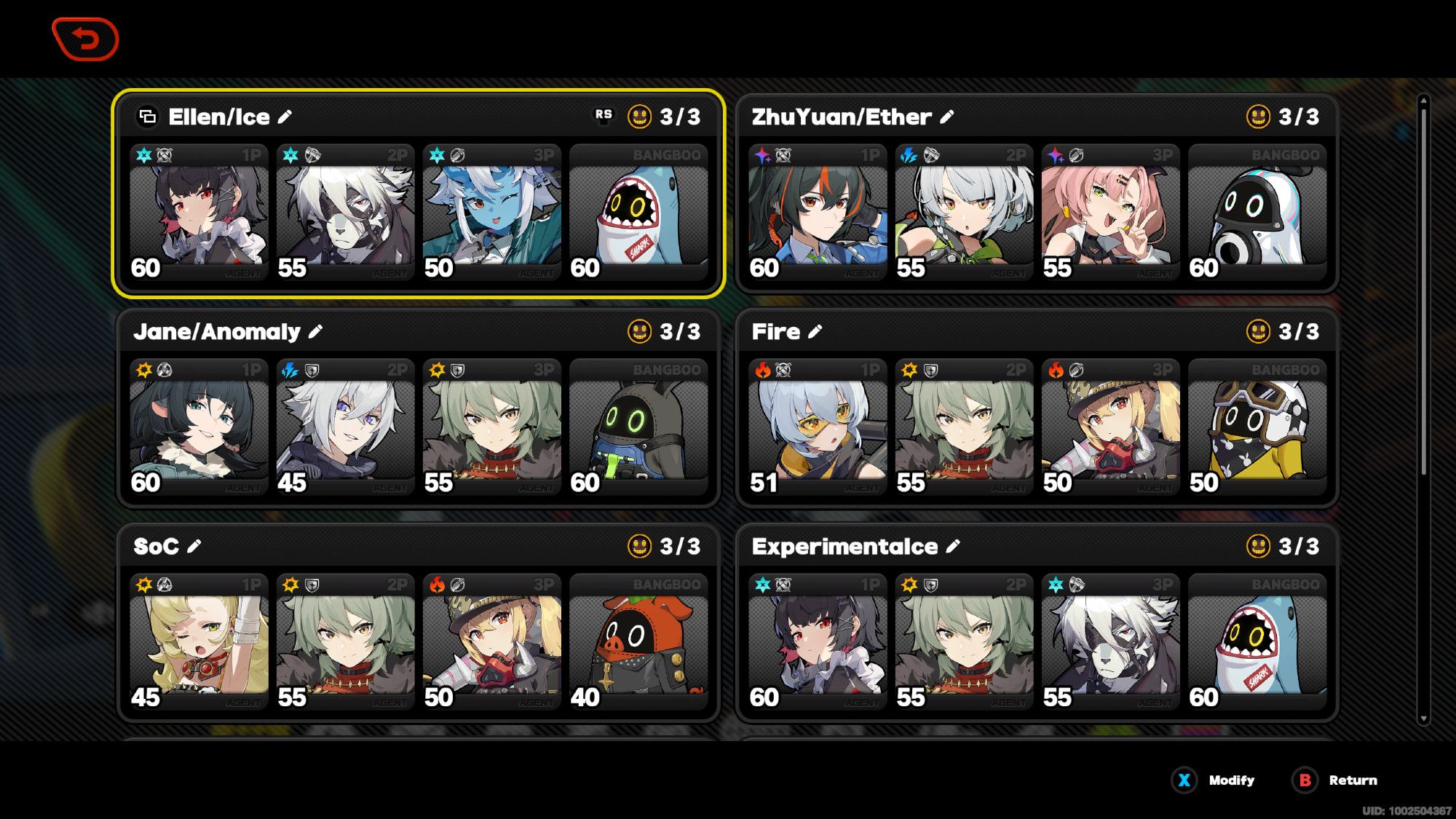 A screenshot from the game Zenless Zone Zero showing a list of 6 teams. In the newest update (1.2), the devs added the ability to create a list of team presets that makes it easier for the player to select agents for missions.