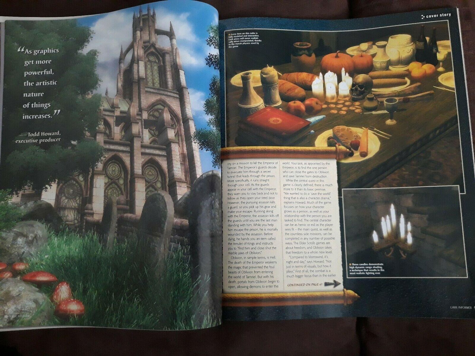 Magazine depicting the first screenshots of TES IV: Oblivion: A scene of an overgrown church graveyard and a shot of detailed food and silverware on a table.