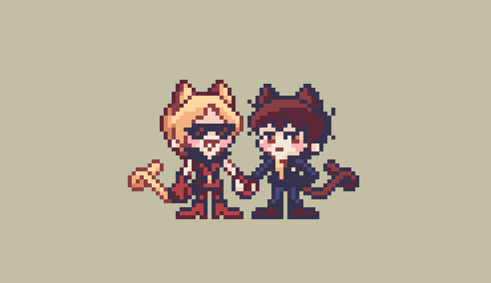 Pixel art dos personagens Char Aznable e Amuro Ray do anime Zeta Gundam, em formato chibizinho, de mãos dadas e com orelhas e rabos de gato