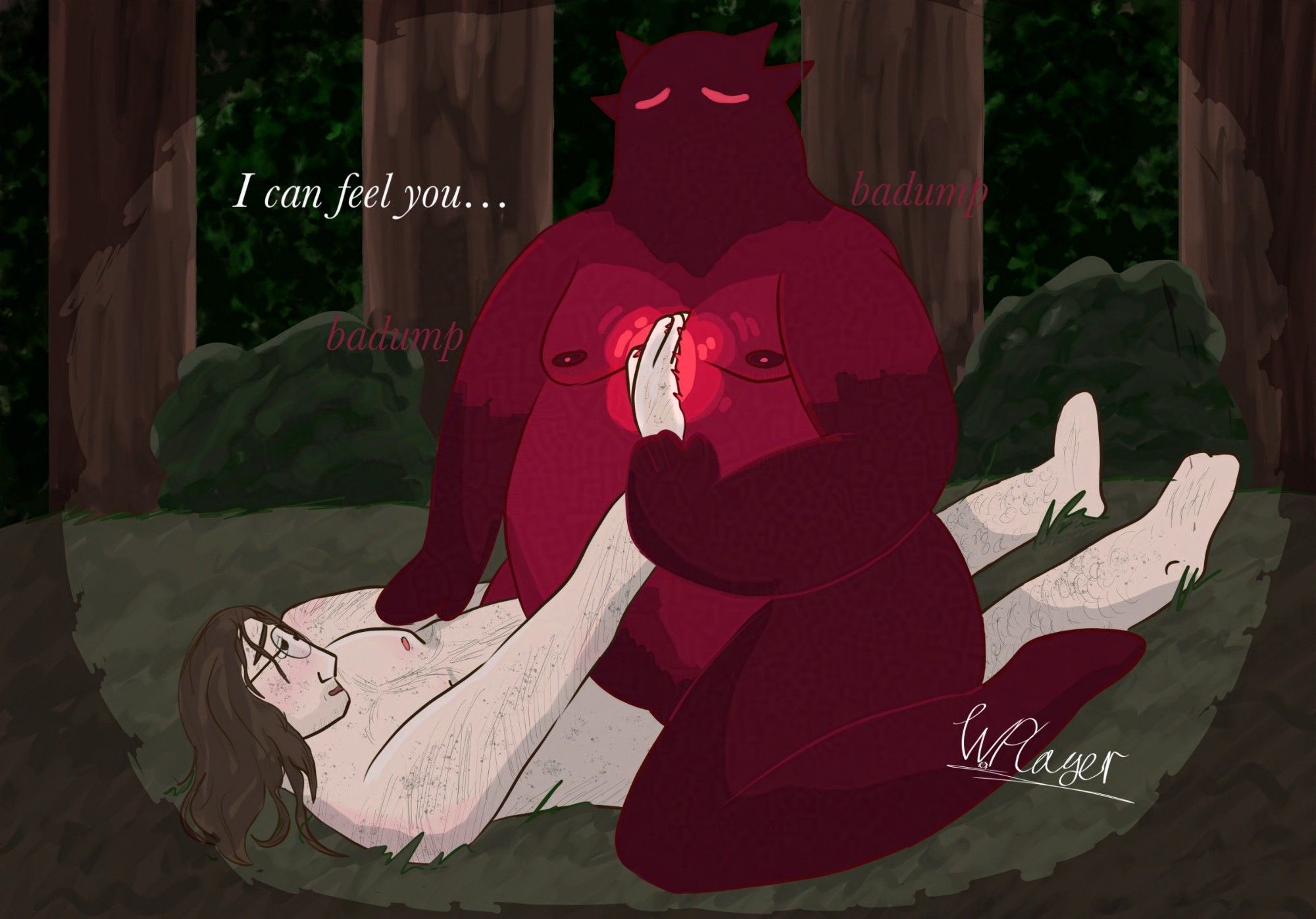 monster riding Mikah who is laying on the forest floor. mikah is reaching up to feel Monsters heartbeat, his hand half disappearing into his fur