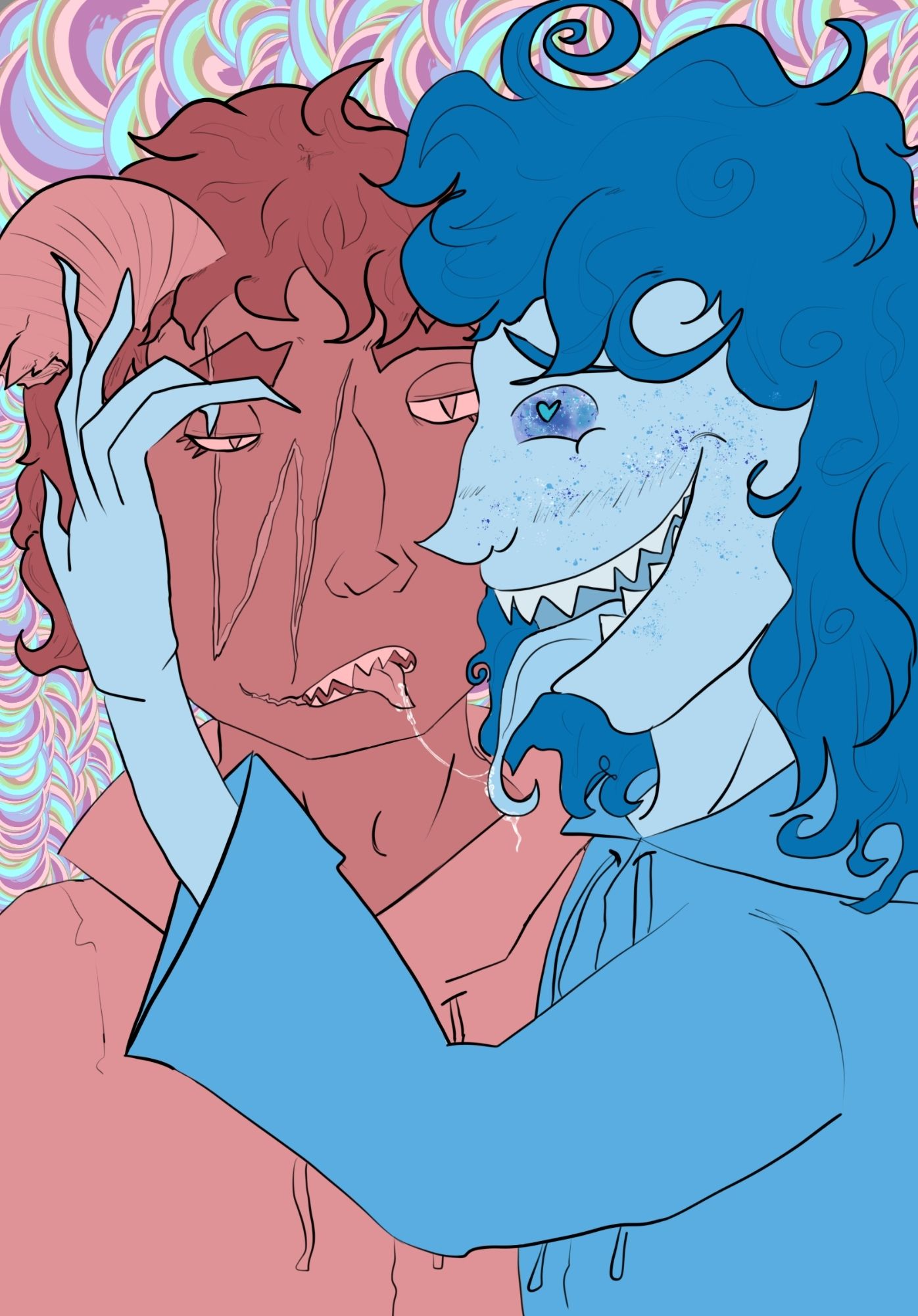 Wishen (red) and the Chaos God (blue) after making out. Without text.