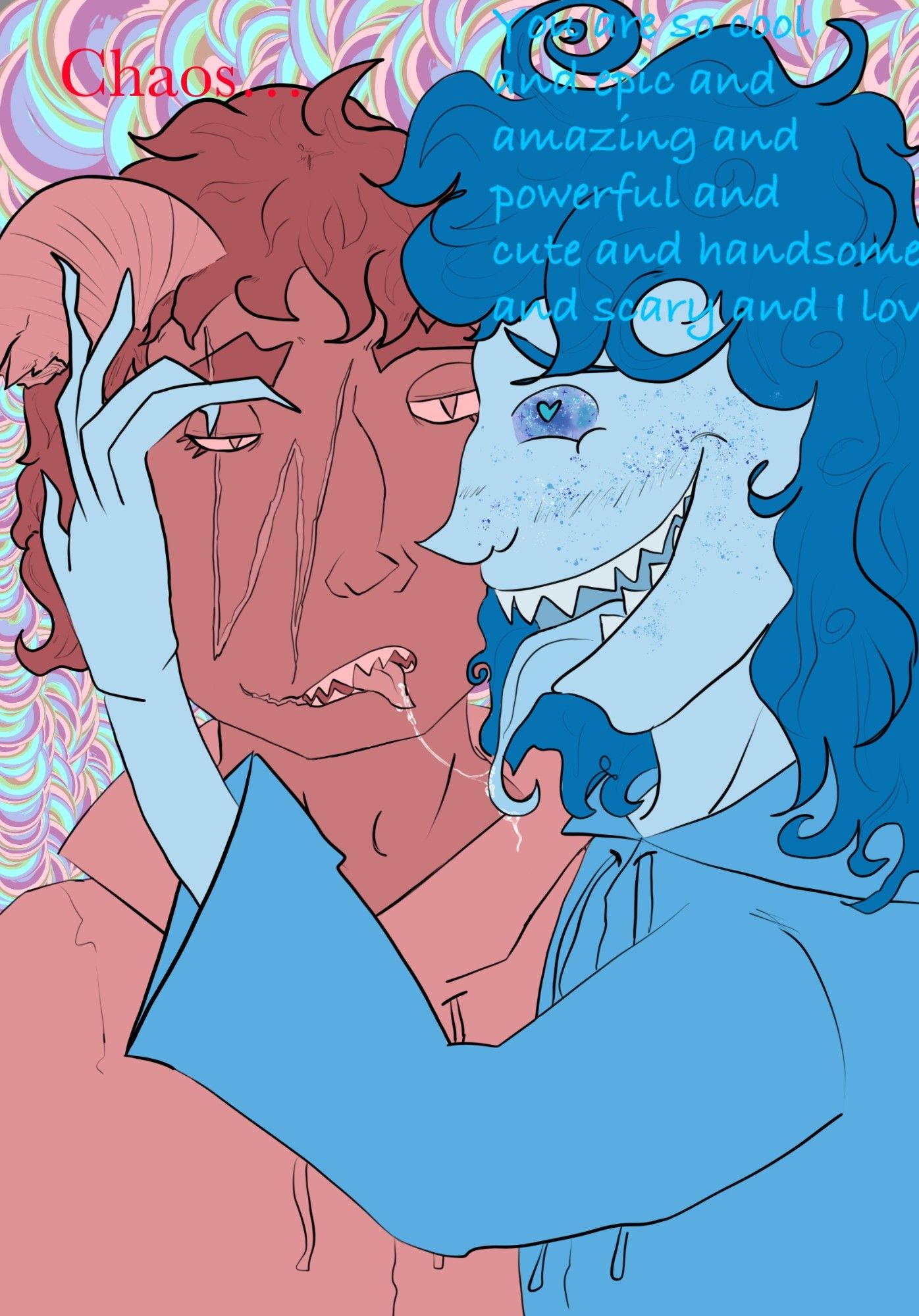 Wishen (red) and the Chaos God (blue) after making out. With text. CG is saying "You are so cool and epic and powerful and cute and handsome and scary and I lov-" Wishen responds "Chaos..."