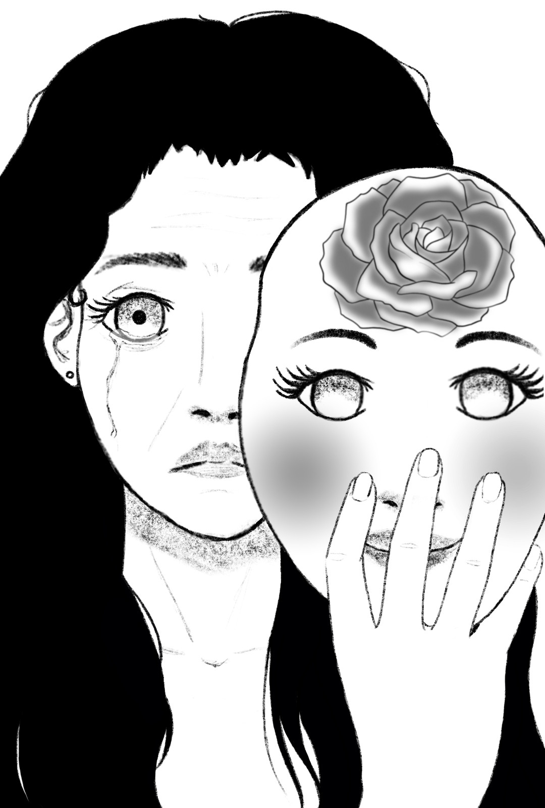 Black and white portrait of a woman holding a Mask in front of half of her face. The mask has a young beautiful face with makeup, a Rose on the forehead and emtpy looking eyes, while her real face is wrinkly, she is crying and her eyes look more lively and full of emotion