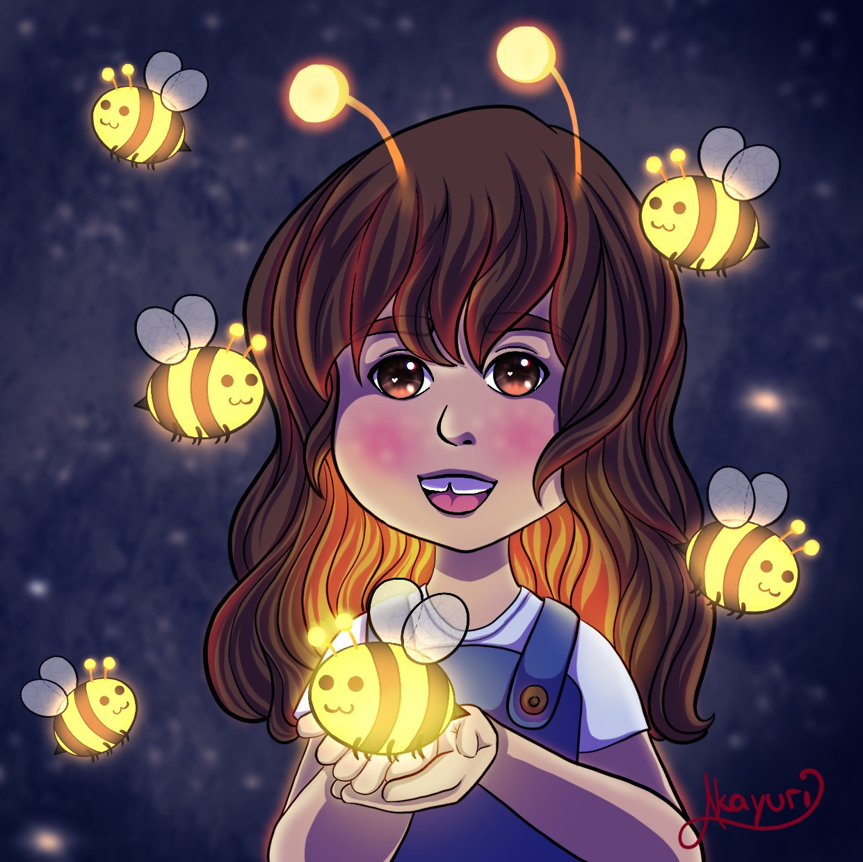 OC is from poopikatt on IG and this artwork is part of a "draw this in your style" challenge - a cute little girl surrounded by glowing bees